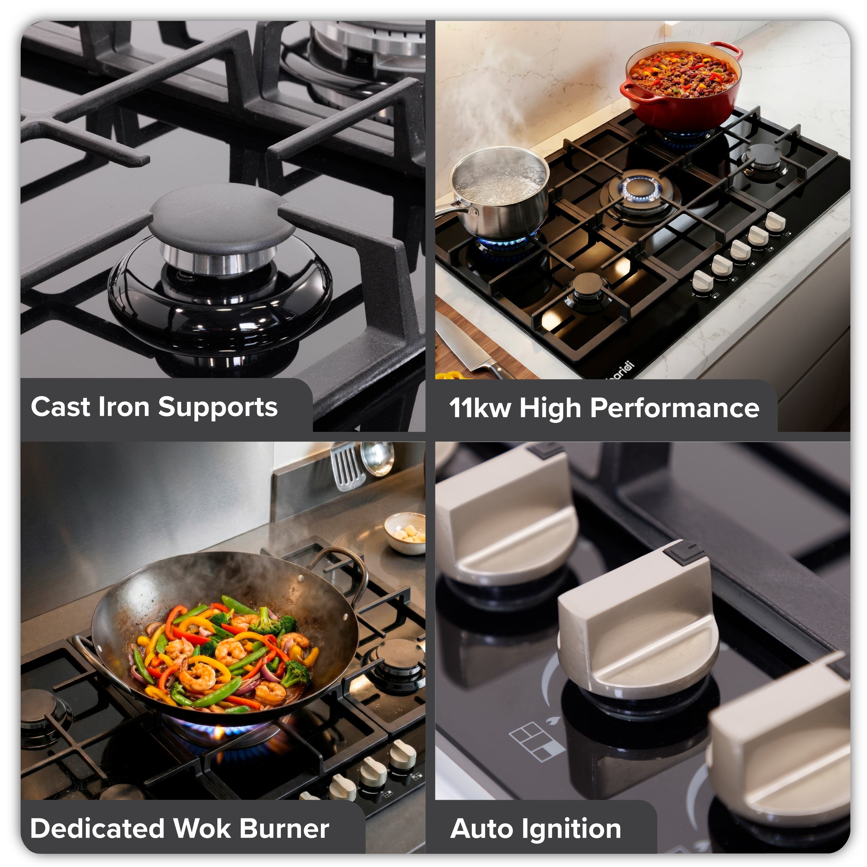 Baridi 90cm Gas Hob Glass with 5 Burners, Cast Iron Supports & Auto Ignition 11kW - DH383