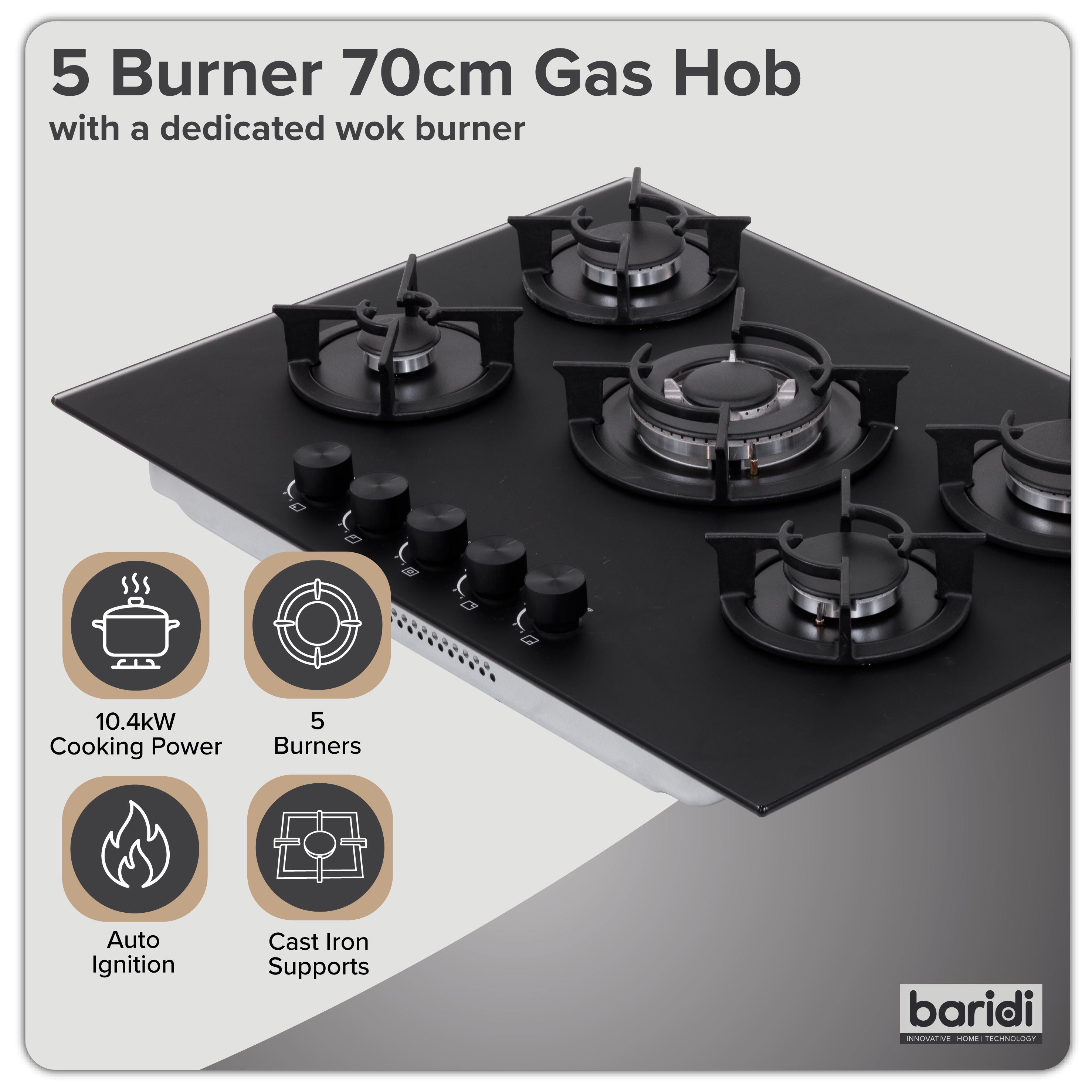 Baridi 70cm Matt Black Glass Gas Hob, 5 Burners, Cast Iron Supports, Auto Ignition, 10.4kW – DH384
