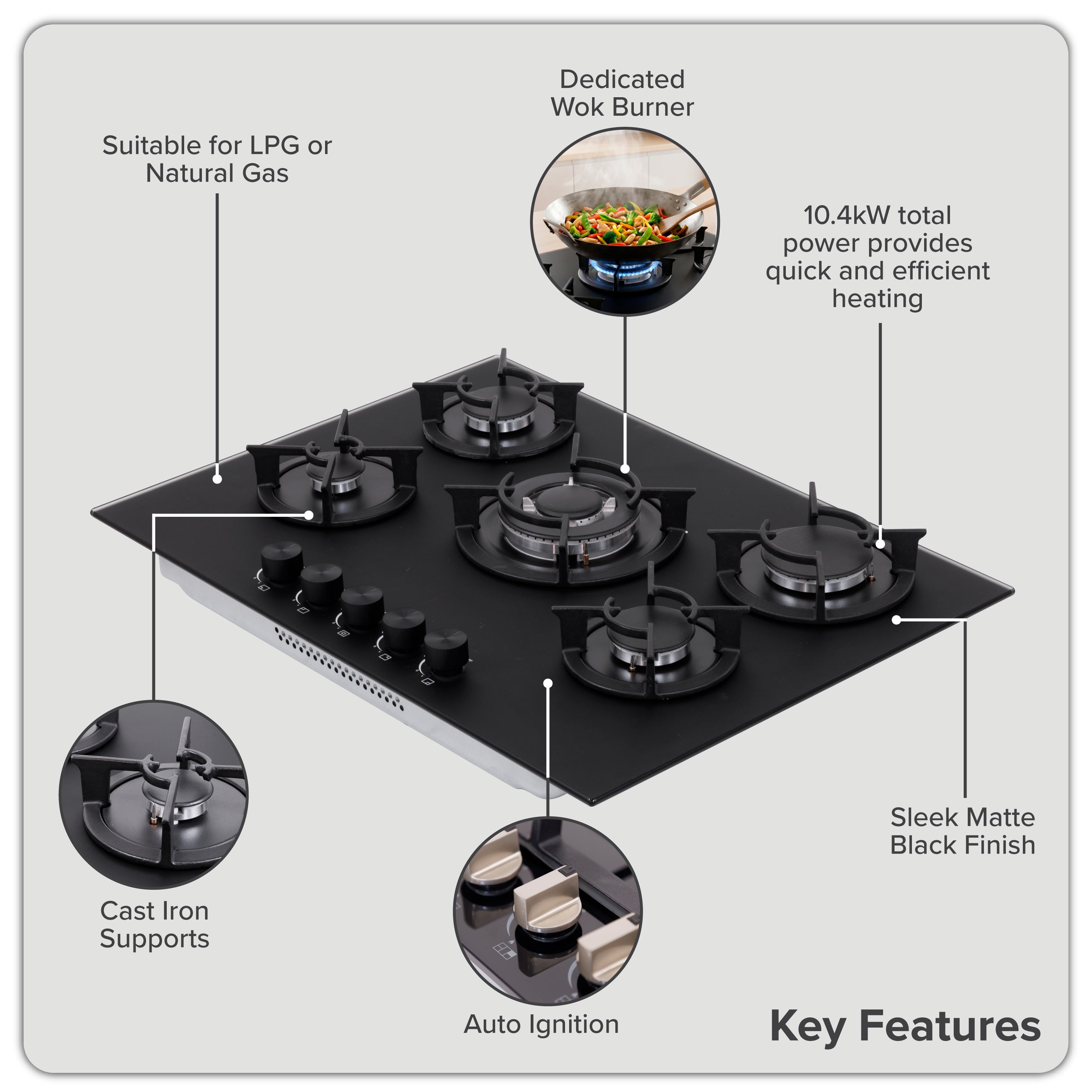 Baridi 70cm Matt Black Glass Gas Hob, 5 Burners, Cast Iron Supports, Auto Ignition, 10.4kW – DH384