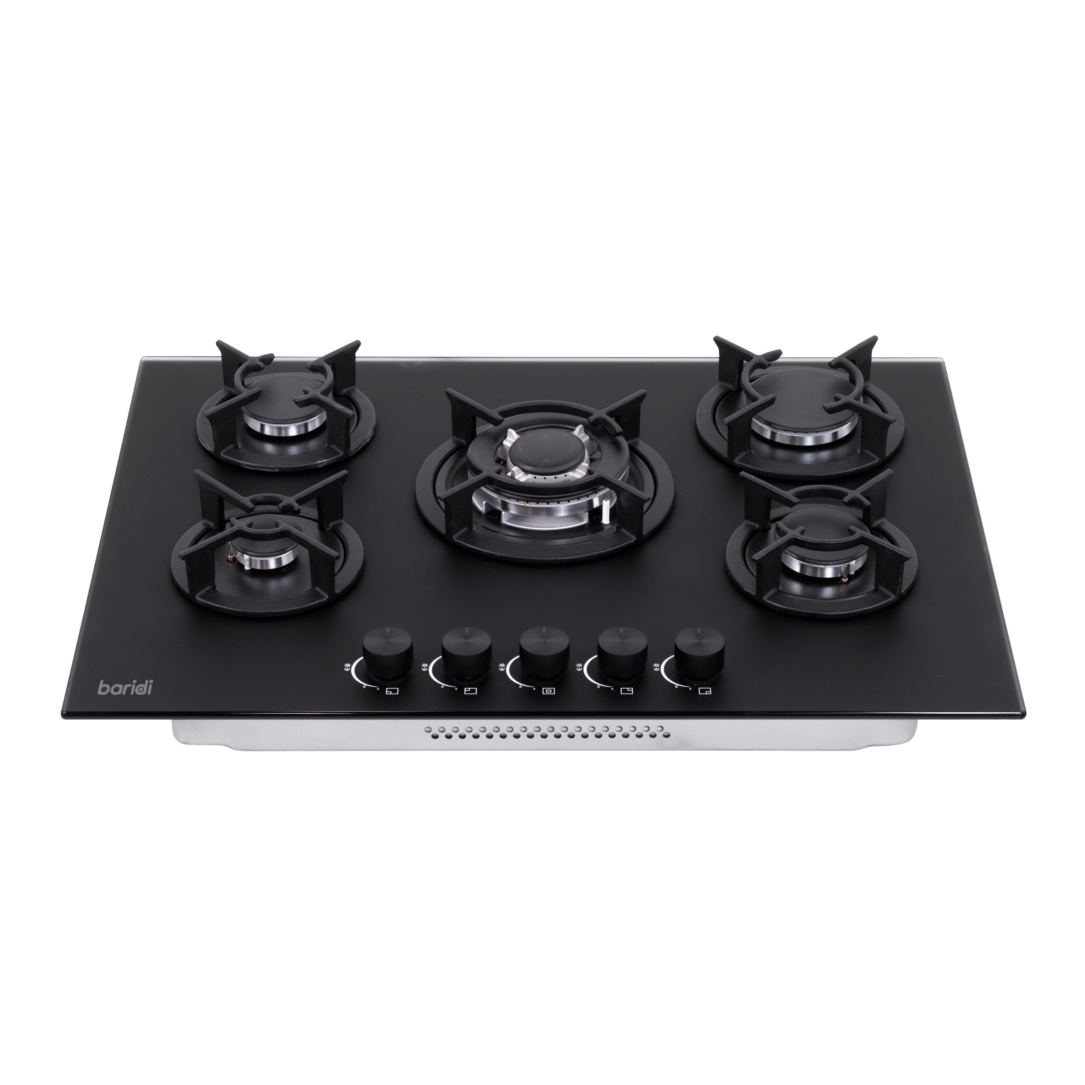 Baridi 70cm Matt Black Glass Gas Hob, 5 Burners, Cast Iron Supports, Auto Ignition, 10.4kW – DH384