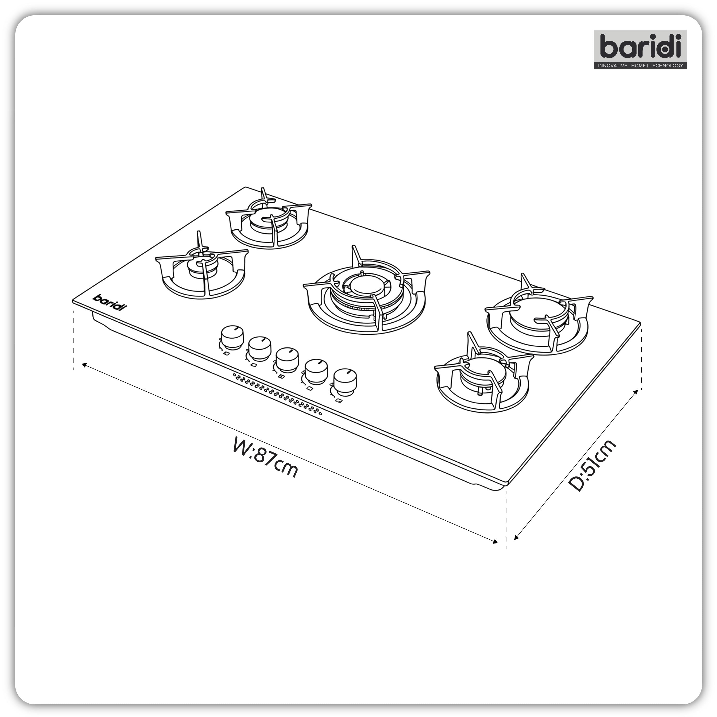 Baridi 90cm Matt Black Glass Gas Hob, 5 Burners, Cast Iron Supports, Auto Ignition, 10.4kW – DH385