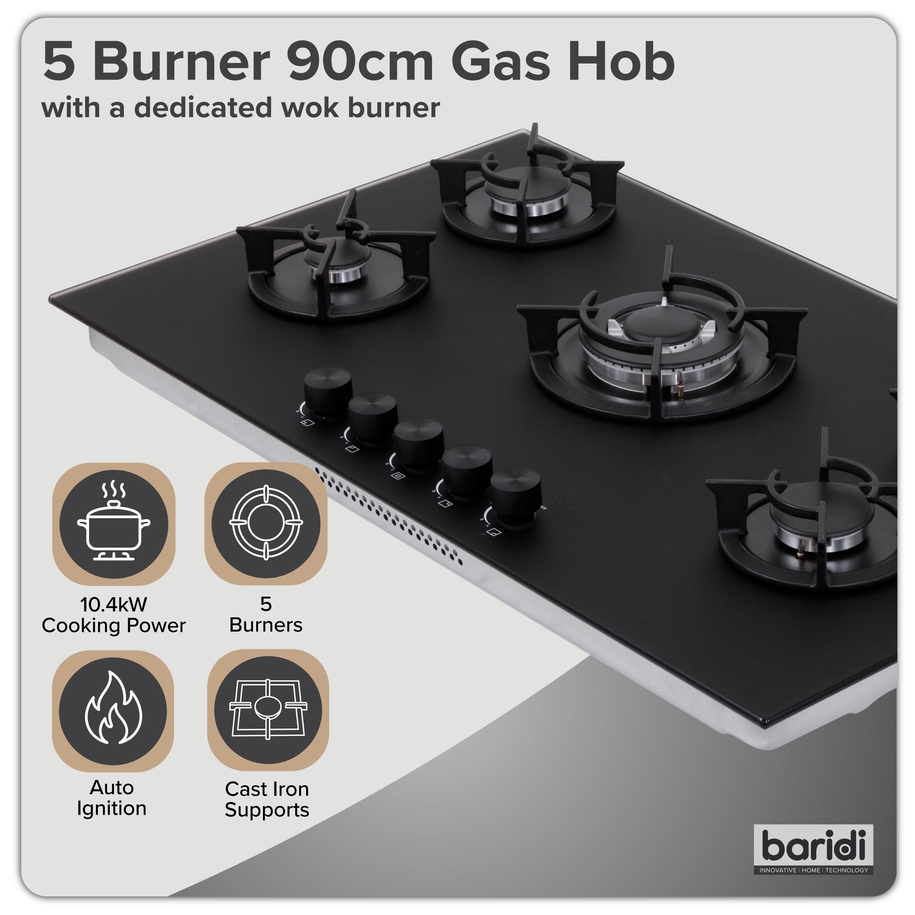 Baridi 90cm Matt Black Glass Gas Hob, 5 Burners, Cast Iron Supports, Auto Ignition, 10.4kW – DH385