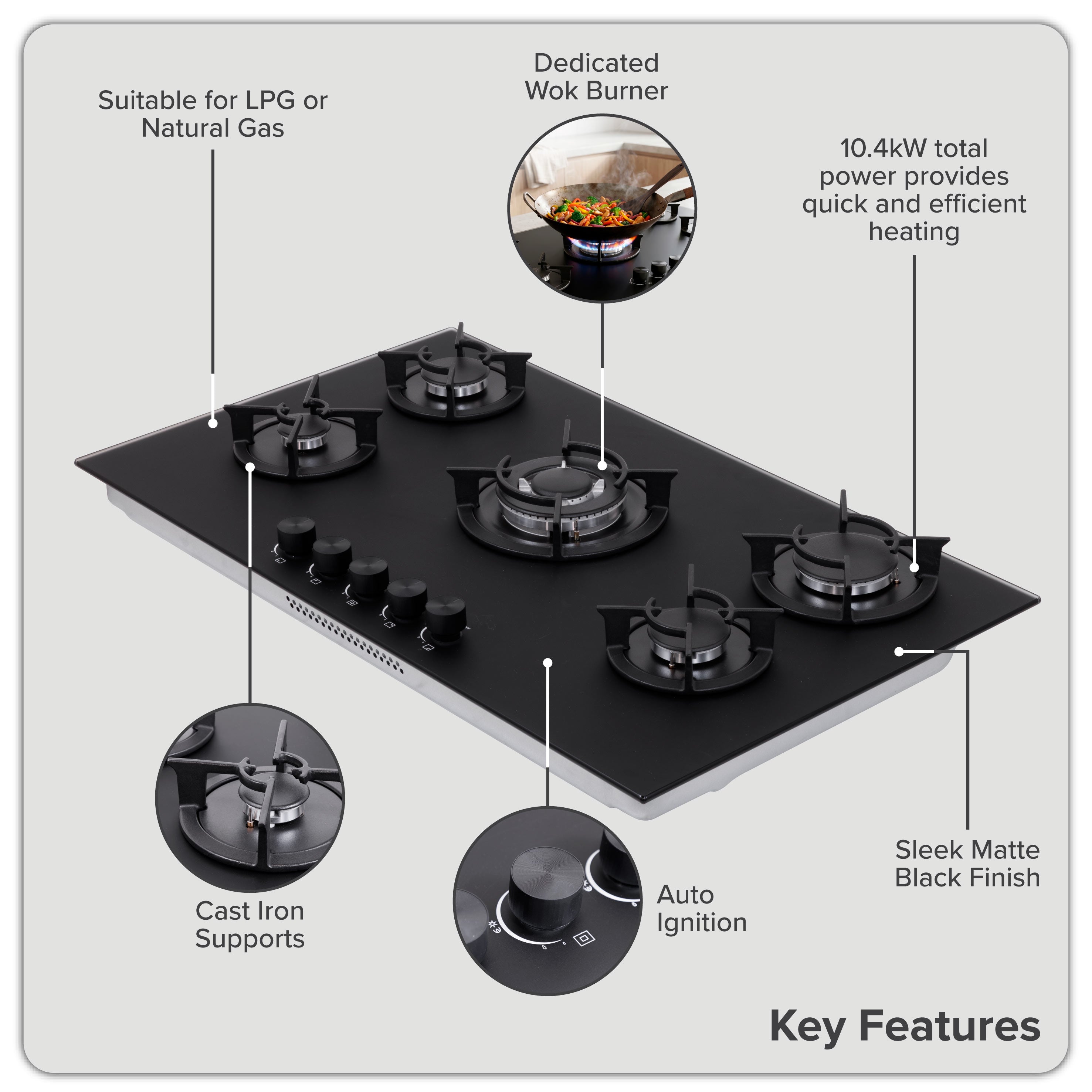 Baridi 90cm Matt Black Glass Gas Hob, 5 Burners, Cast Iron Supports, Auto Ignition, 10.4kW – DH385