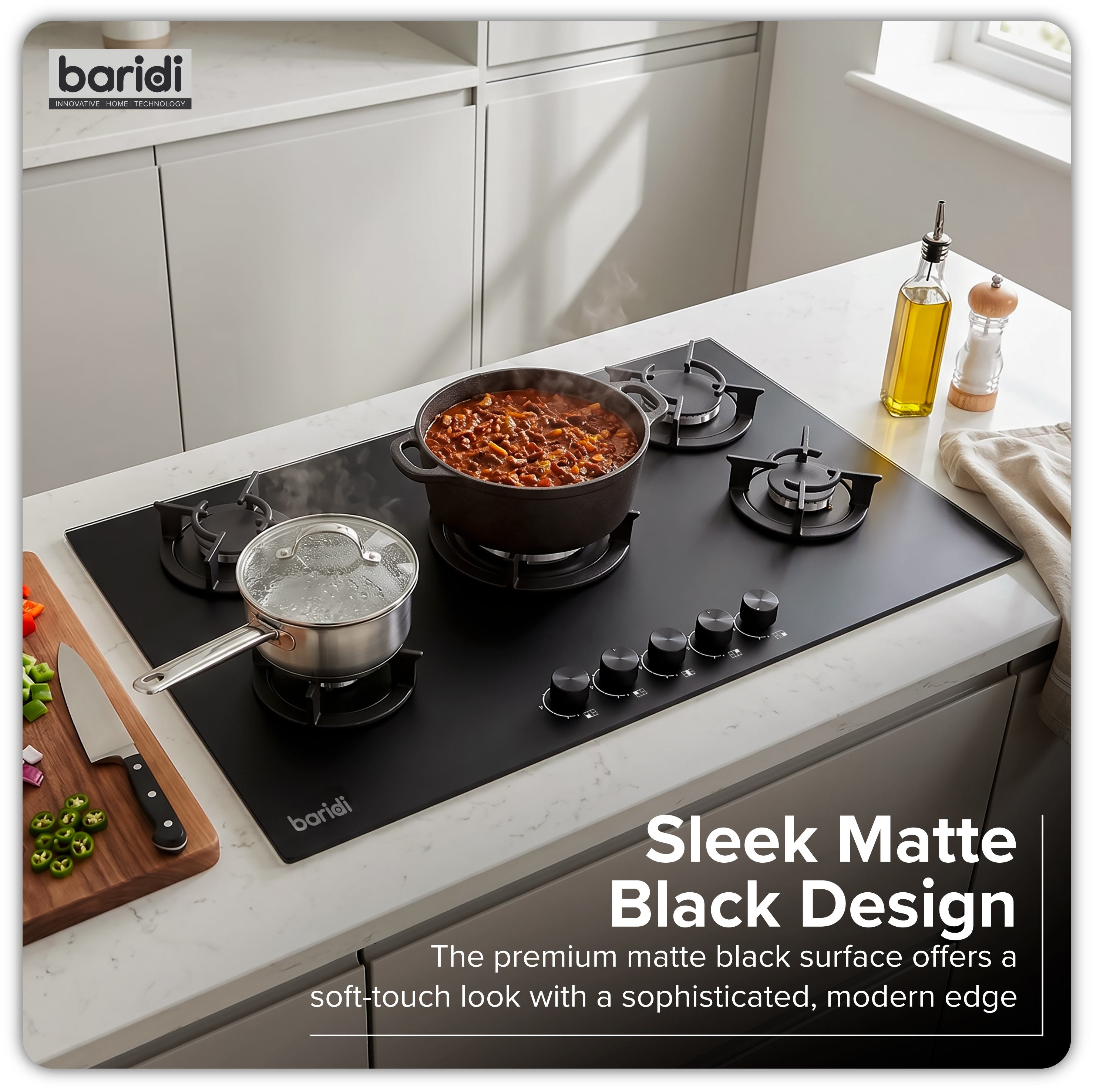 Baridi 90cm Matt Black Glass Gas Hob, 5 Burners, Cast Iron Supports, Auto Ignition, 10.4kW – DH385