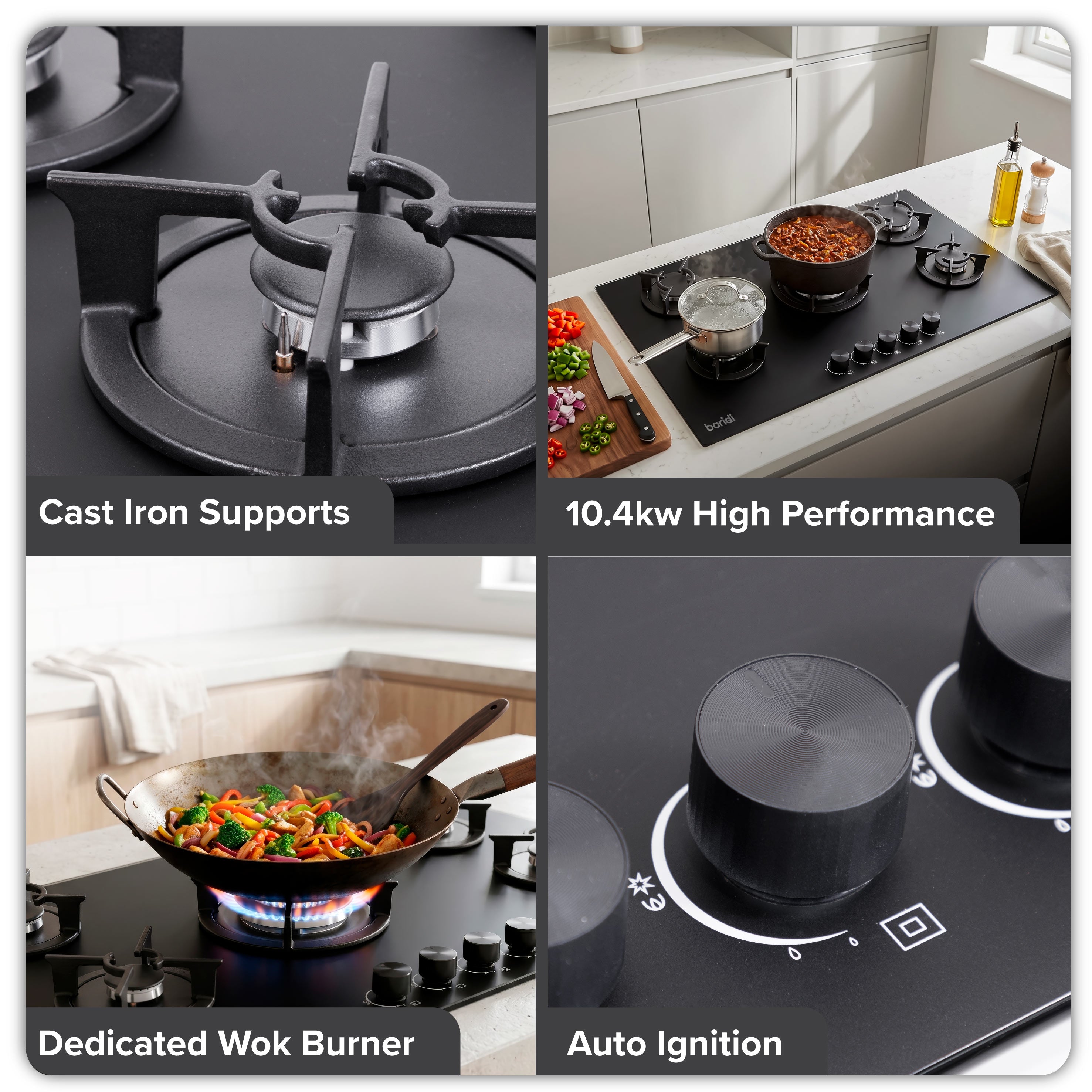 Baridi 90cm Matt Black Glass Gas Hob, 5 Burners, Cast Iron Supports, Auto Ignition, 10.4kW – DH385
