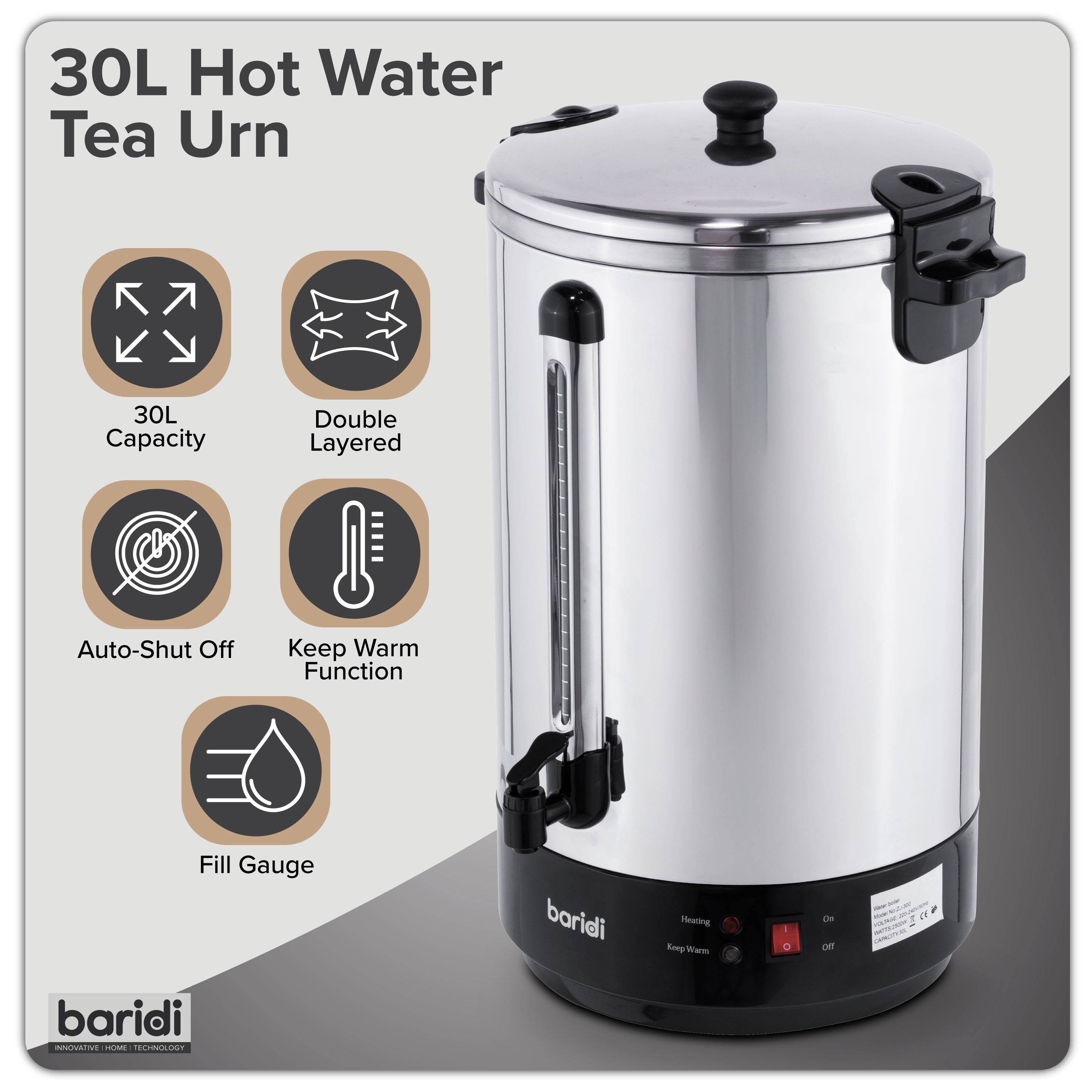 Baridi 30L Hot Water Boiler, Tea Urn with Drip Tray, Keep Warm Function - Stainless Steel - DH388