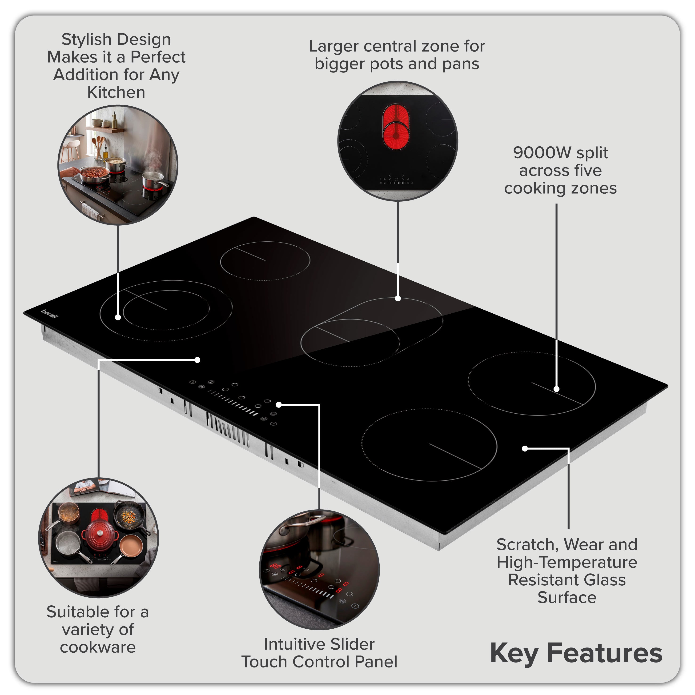 Baridi Integrated Ceramic Hob with 5 Cooking Zones 90cm, Black Glass - DH389