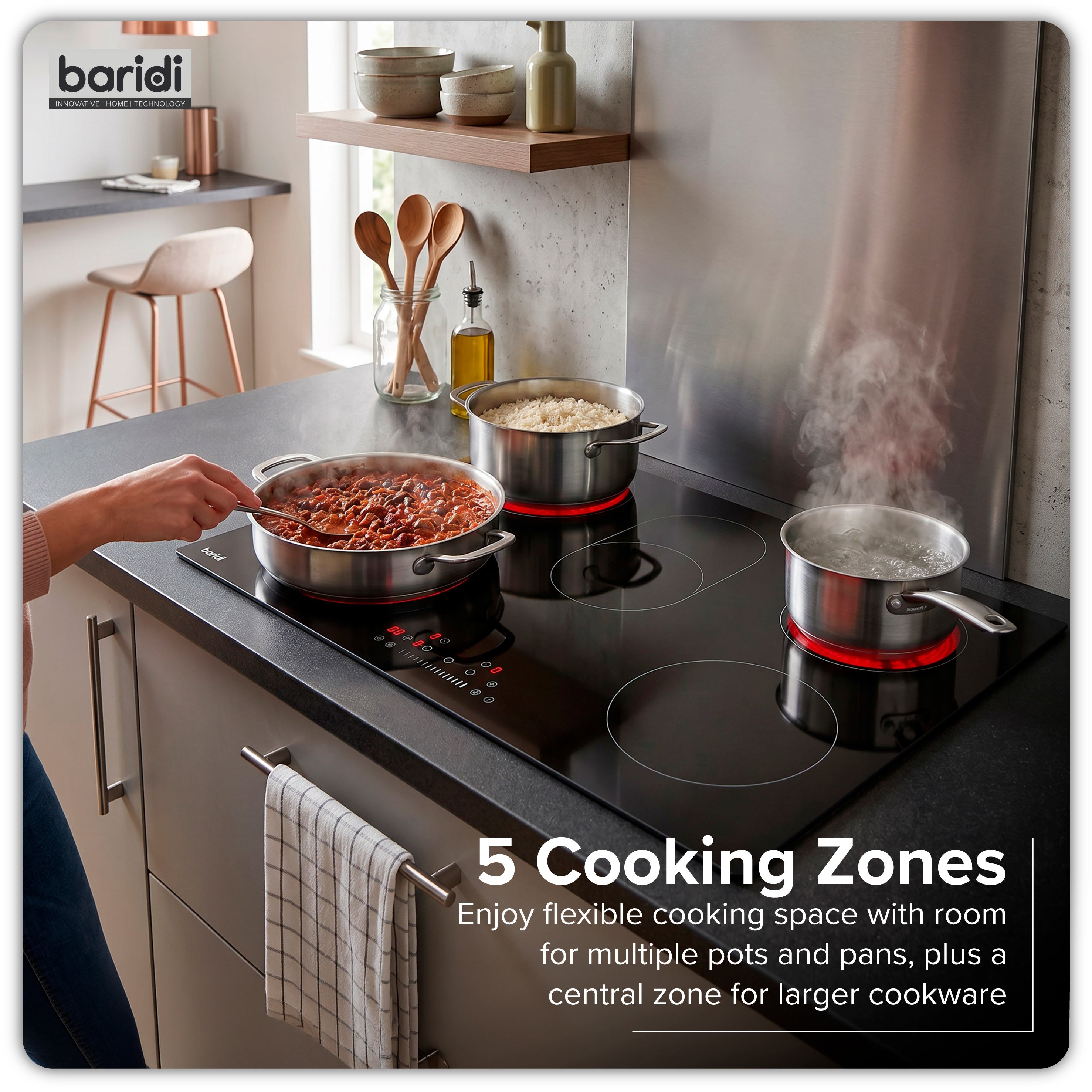 Baridi Integrated Ceramic Hob with 5 Cooking Zones 90cm, Black Glass - DH389