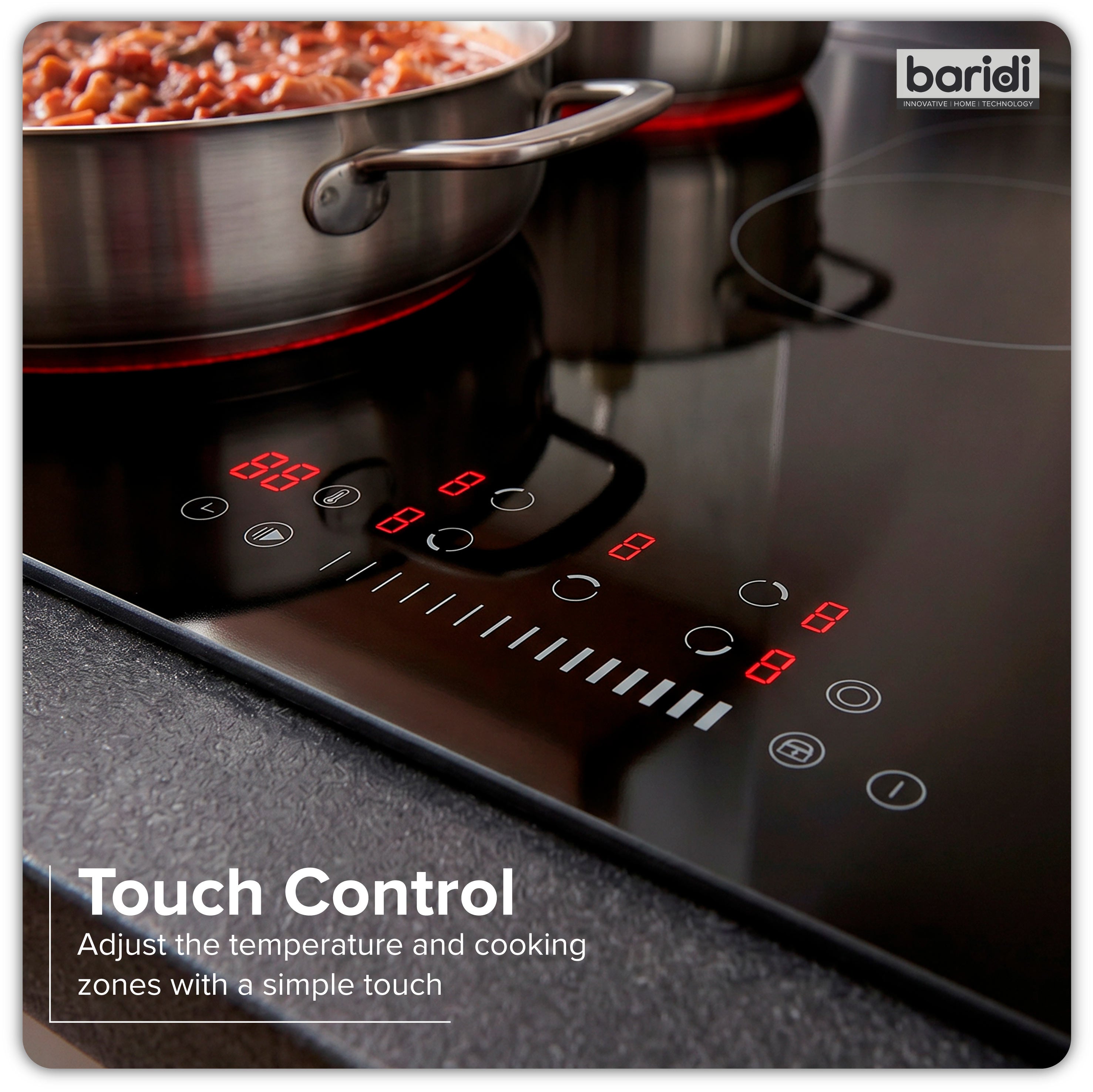 Baridi Integrated Ceramic Hob with 5 Cooking Zones 90cm, Black Glass - DH389