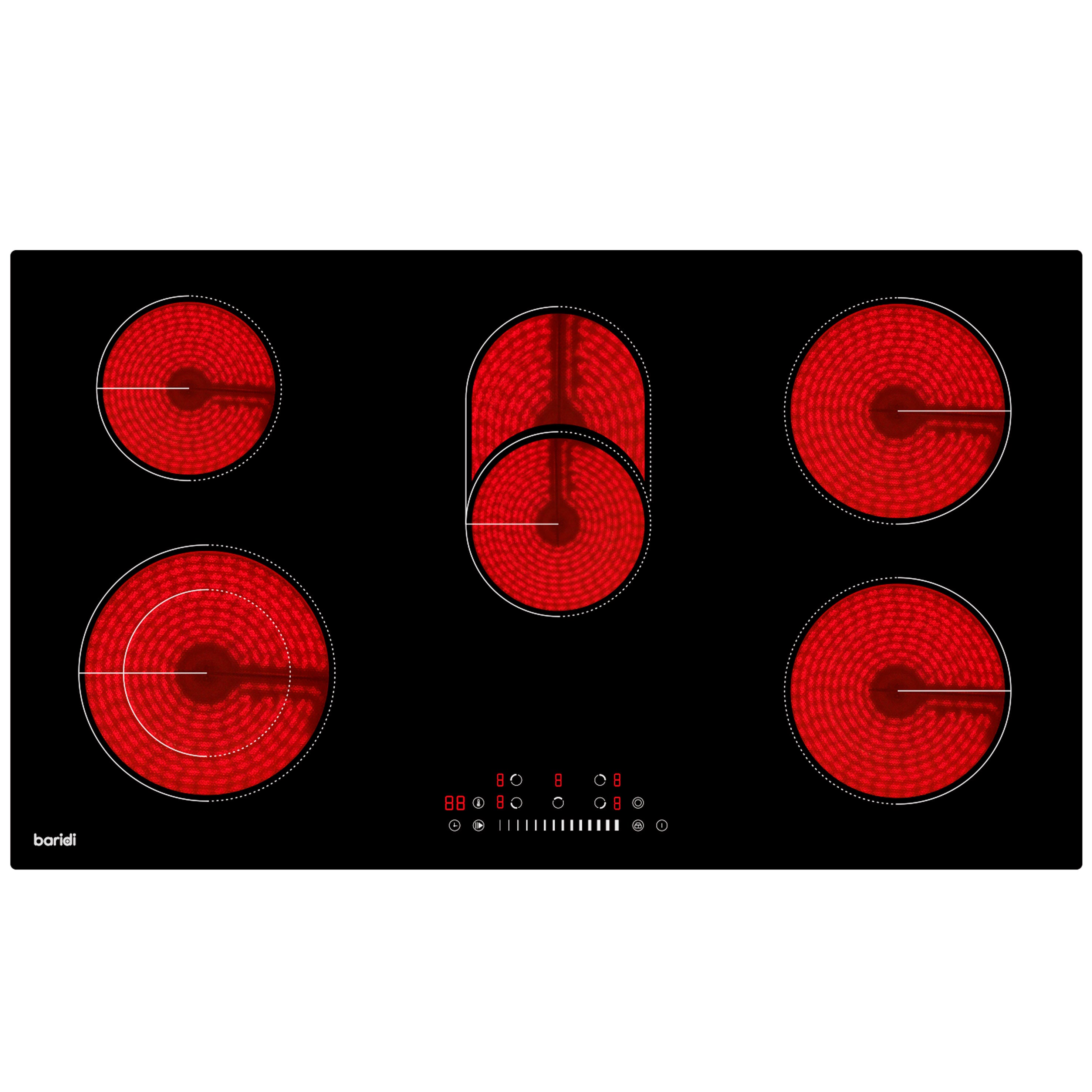 Baridi Integrated Ceramic Hob with 5 Cooking Zones 90cm, Black Glass - DH389