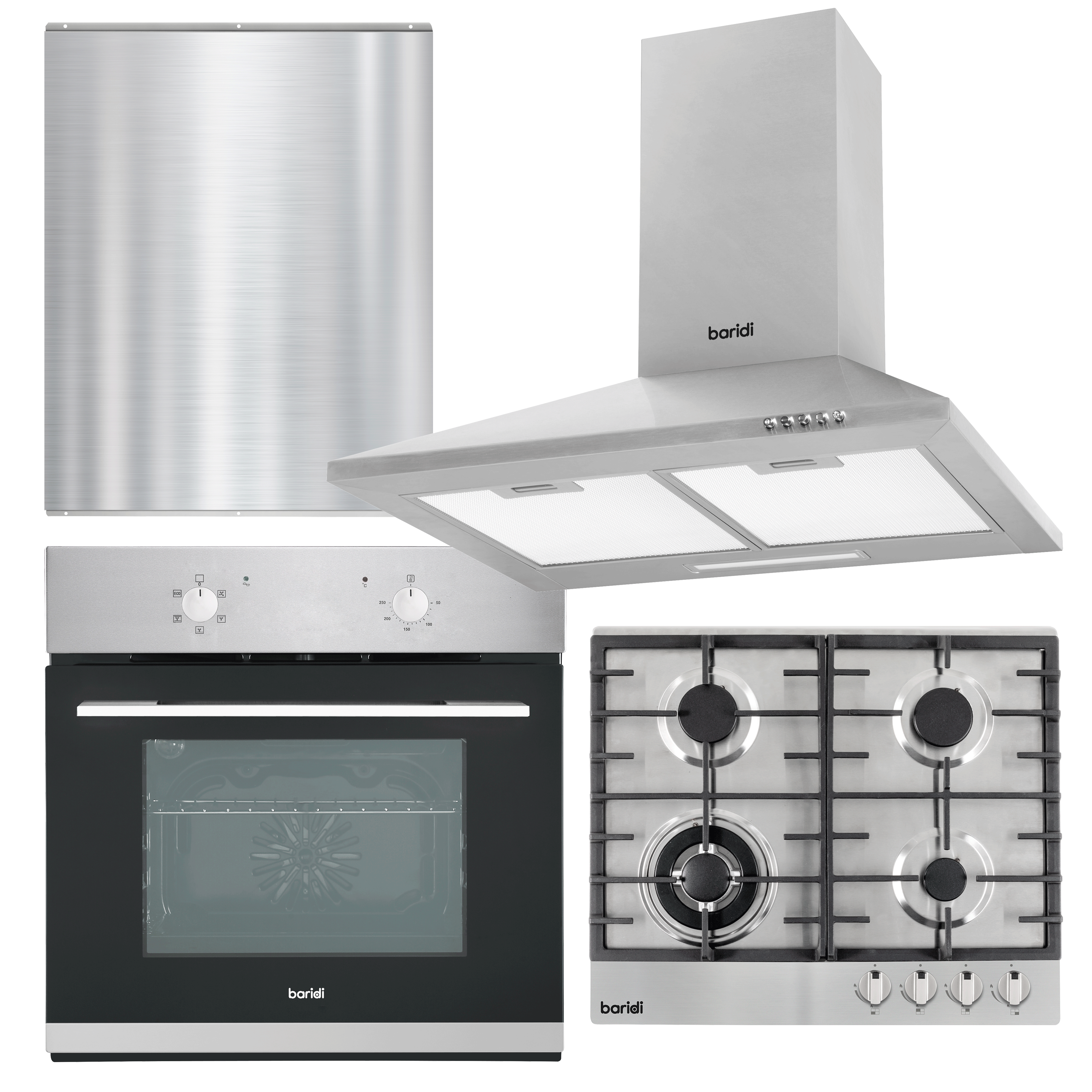 Kitchen Appliance Bundle – 60cm Oven, Gas Hob, Cooker Hood & Splashback – Stainless Steel