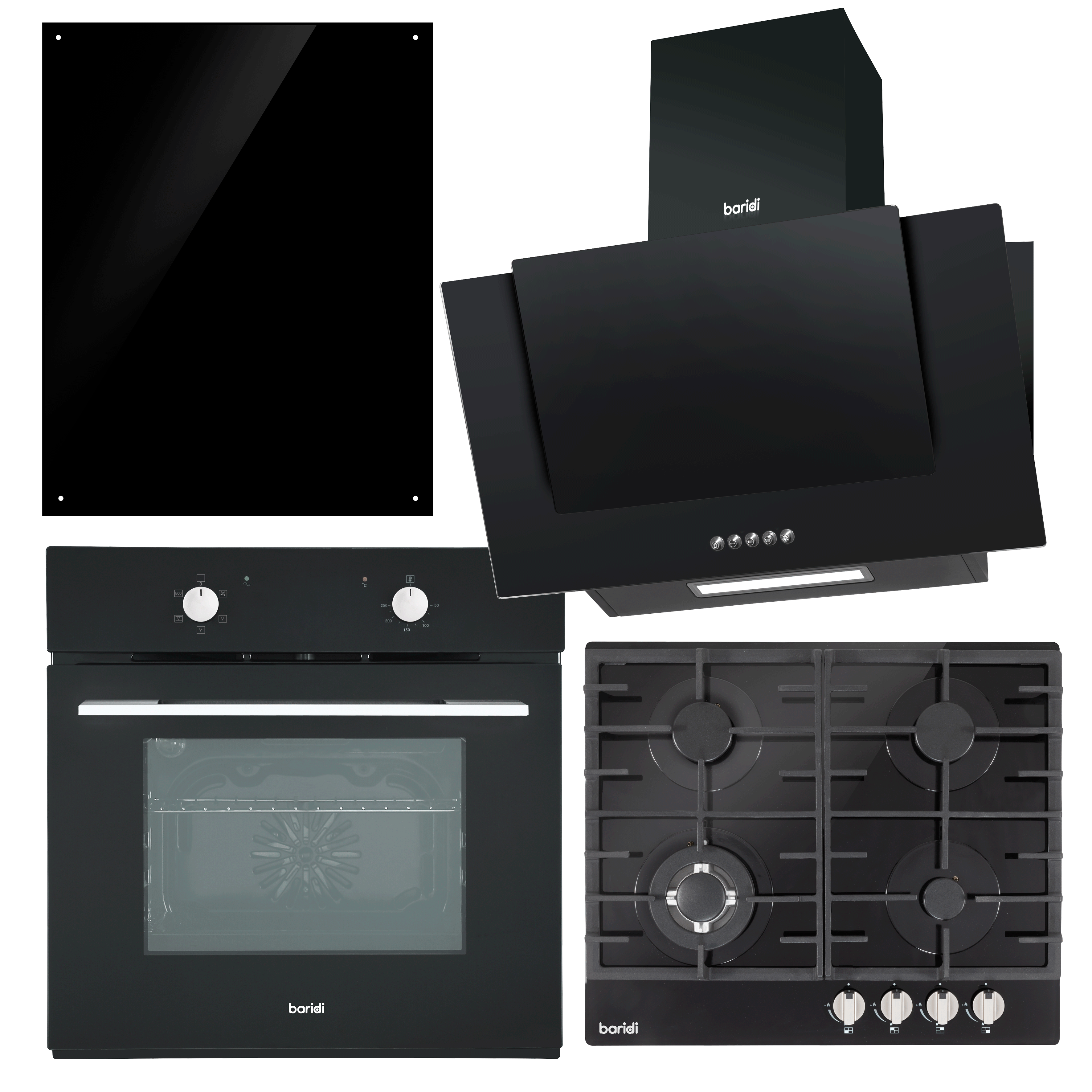 Kitchen Appliance Bundle – 60cm Oven, Black Glass Hob, Angled Chimney Hood & Splashback