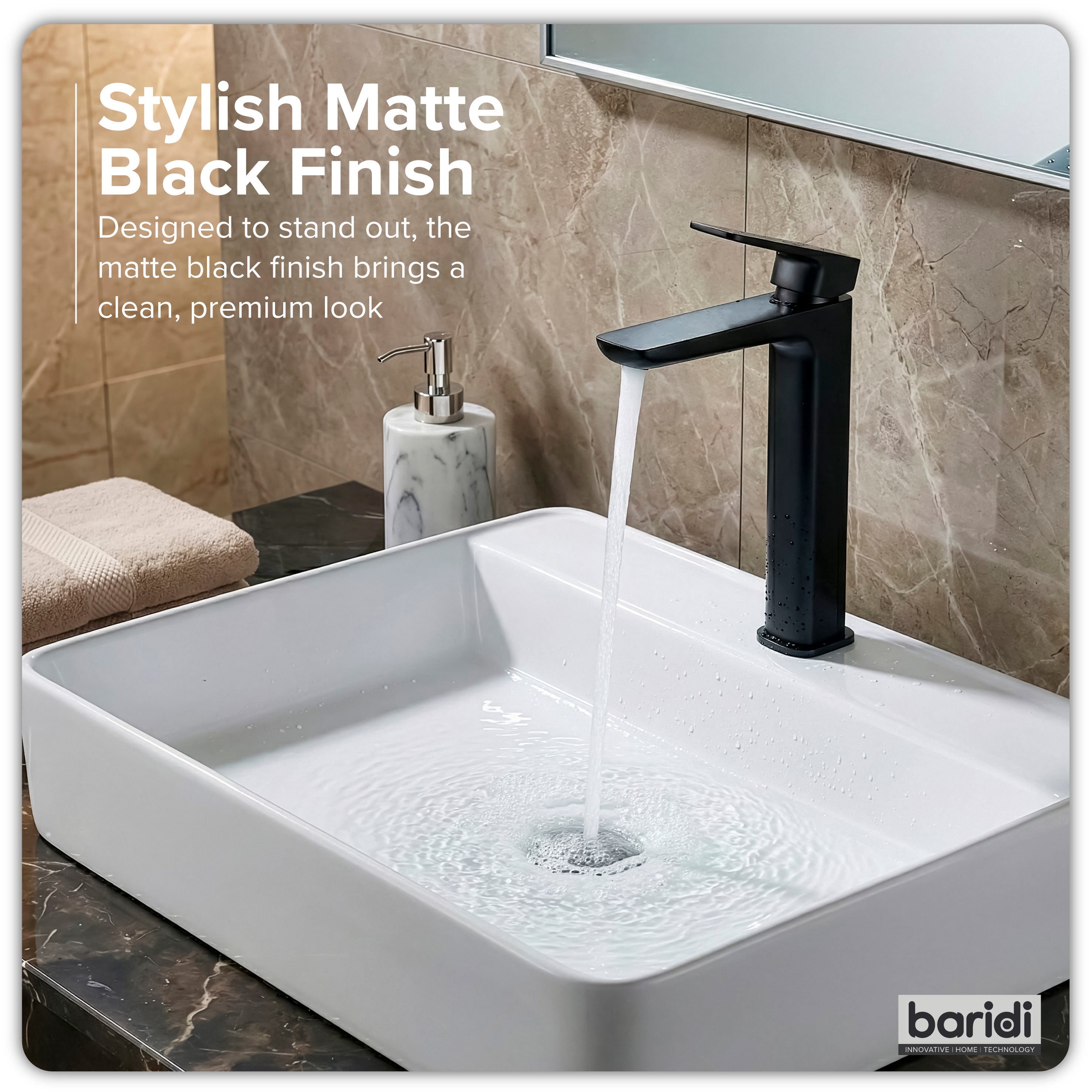 Baridi High Basin Mixer Tap with Clicker Waste, Matt Black - DH395