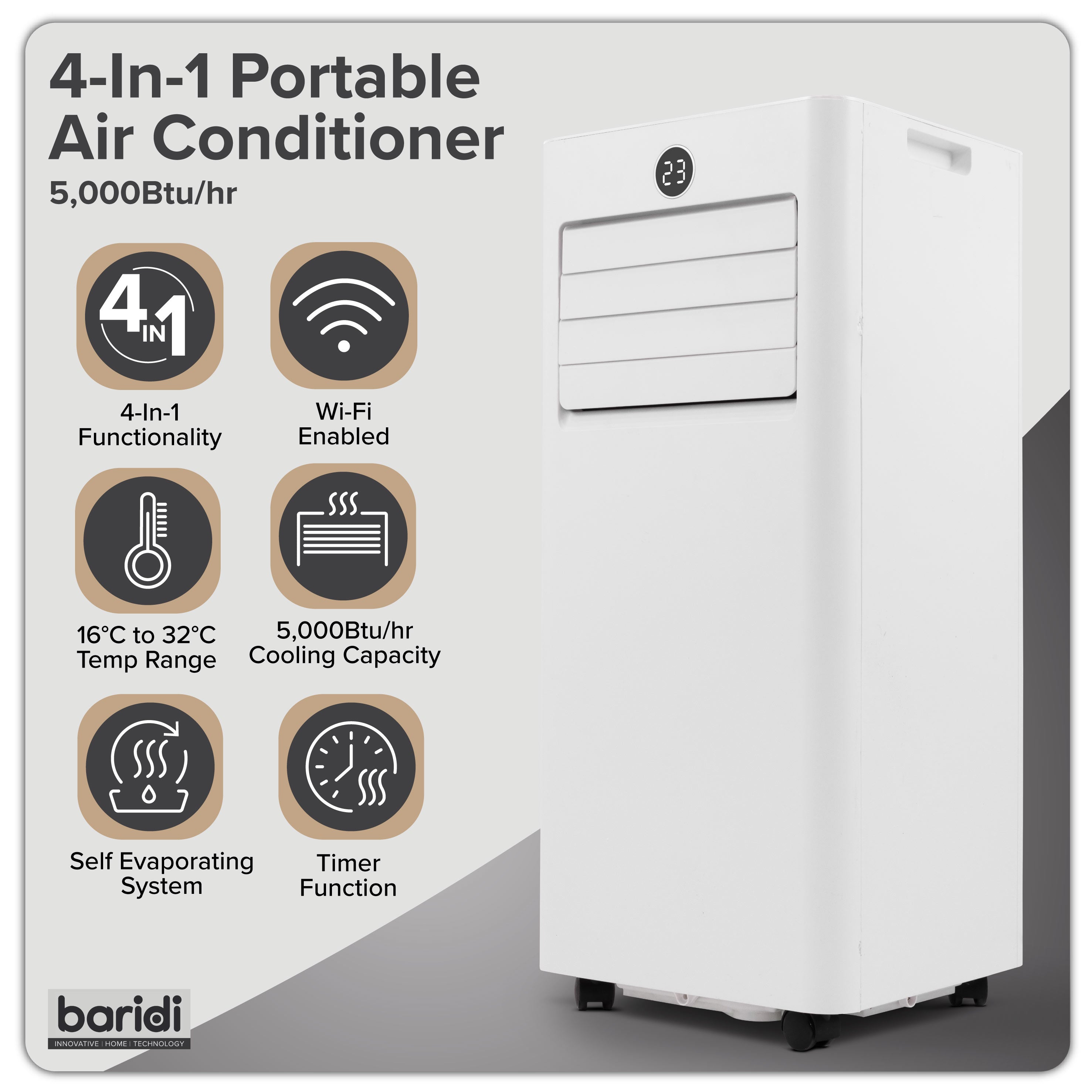 Baridi 4-in-1 Portable Air Conditioner with Window Sealing Kit 5,000Btu/hr, TUYA App & Wi-Fi Control, White - DH412