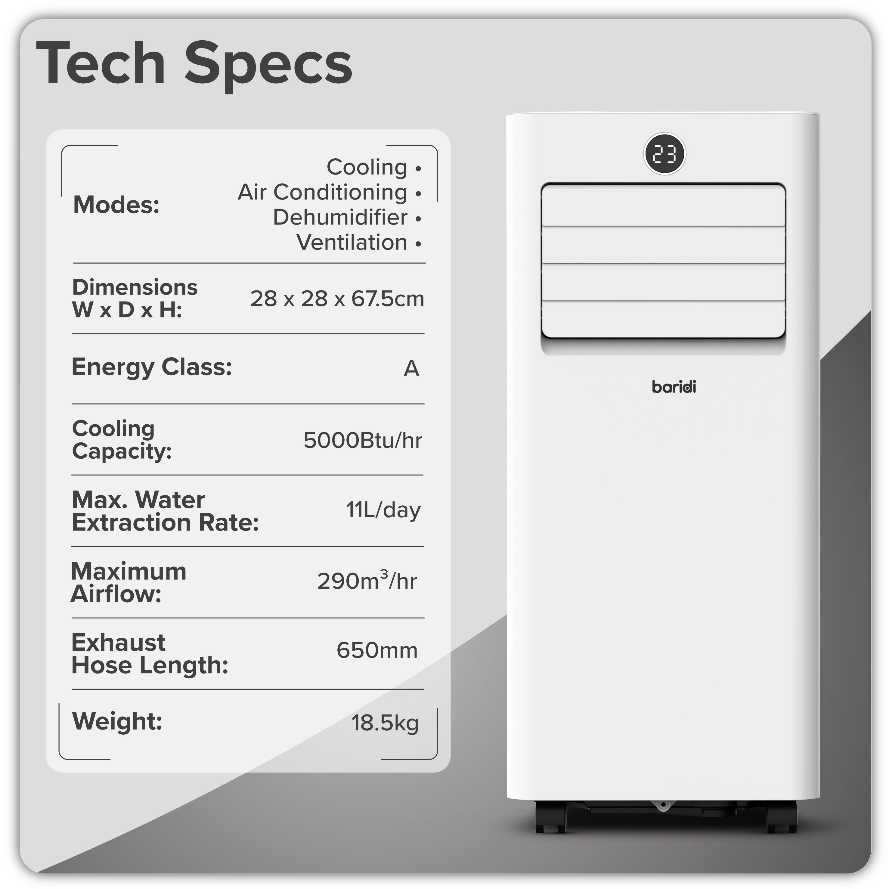 Baridi 4-in-1 Portable Air Conditioner with Window Sealing Kit 5,000Btu/hr, TUYA App & Wi-Fi Control, White - DH412
