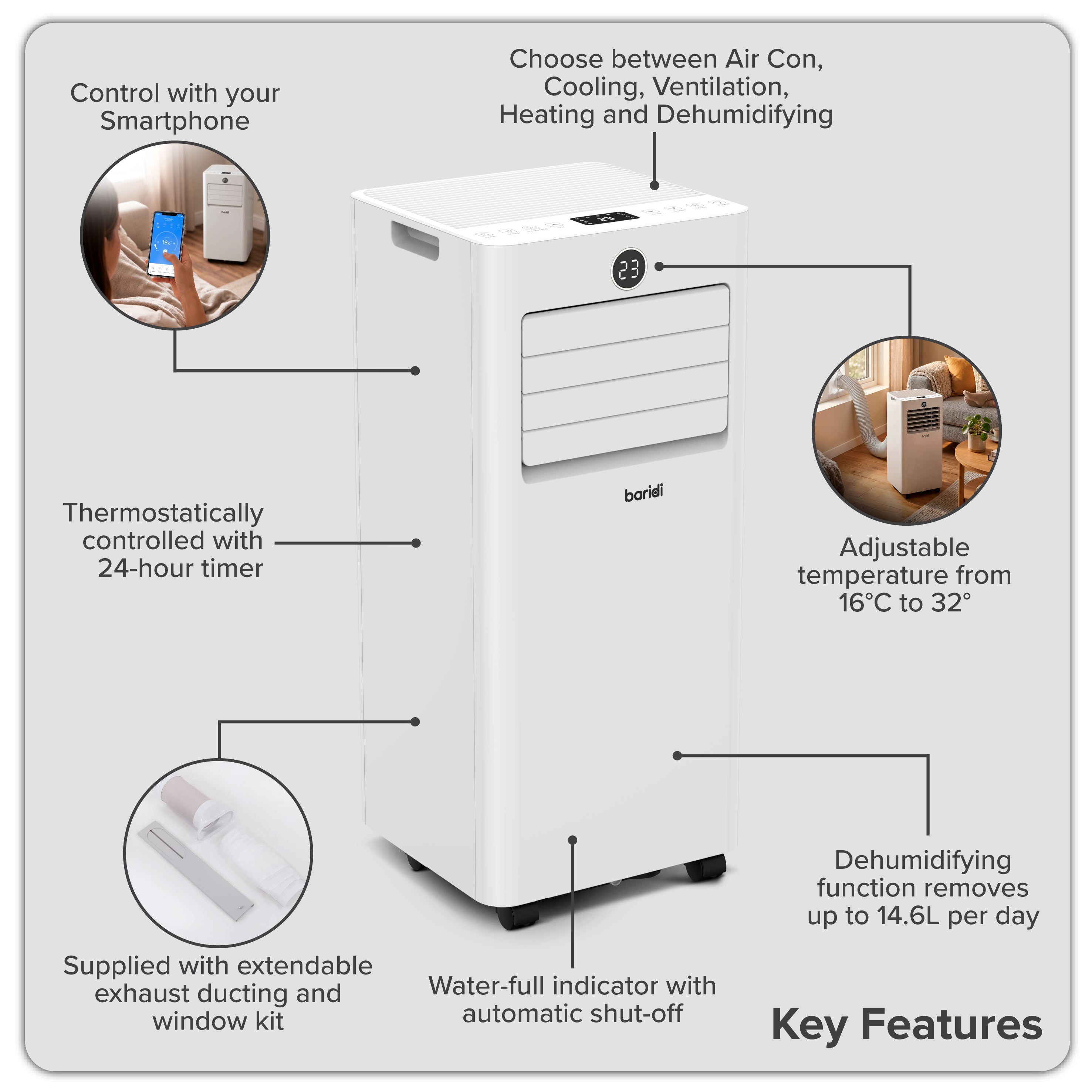 Baridi 5-in-1 Portable Air Conditioner with Window Sealing Kit 7,000Btu/hr, TUYA App & Wi-Fi Control, White - DH413