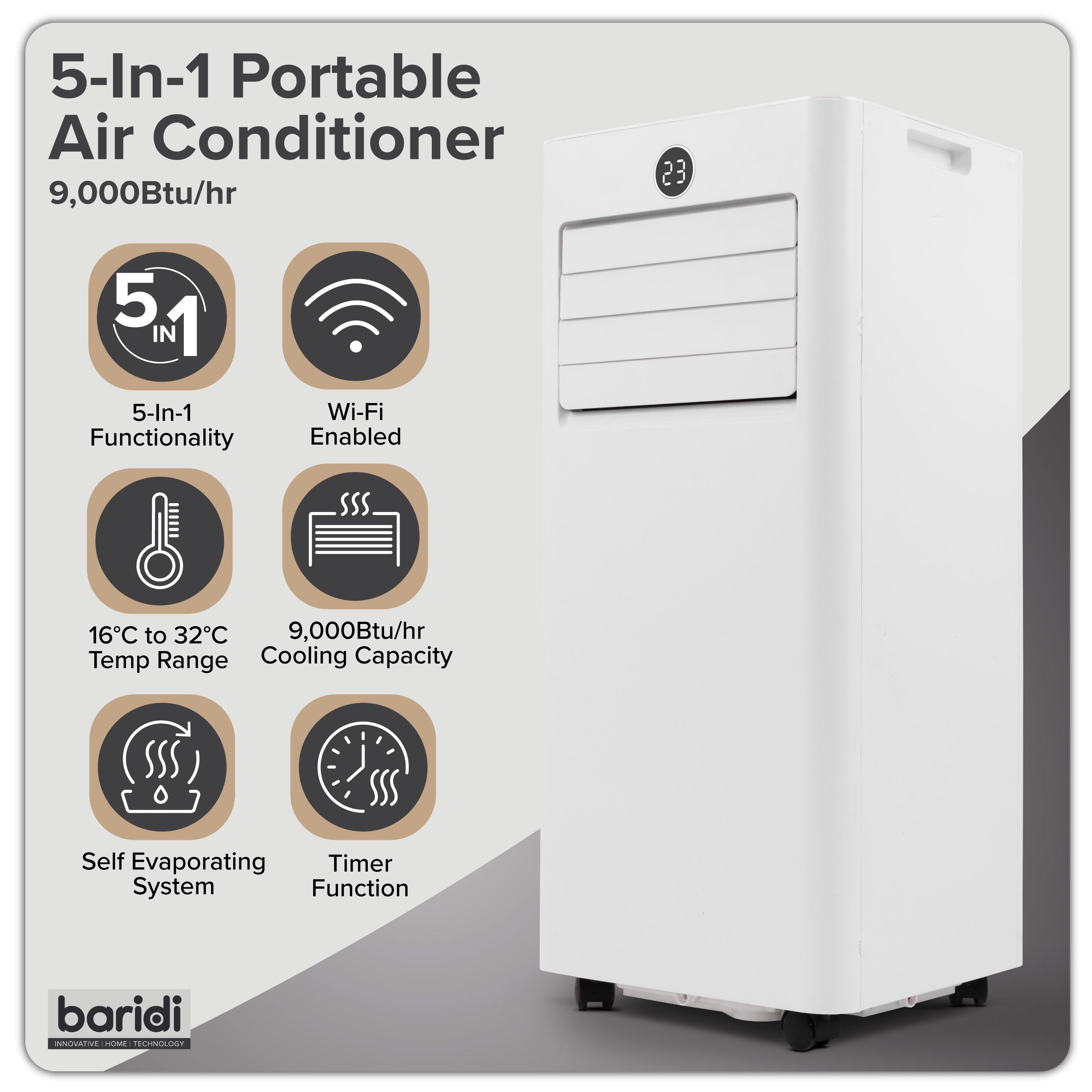 Baridi 5-in-1 Portable Air Conditioning Unit with Window Sealing Kit 9,000Btu/hr, TUYA App & Wi-Fi Control, White - DH414