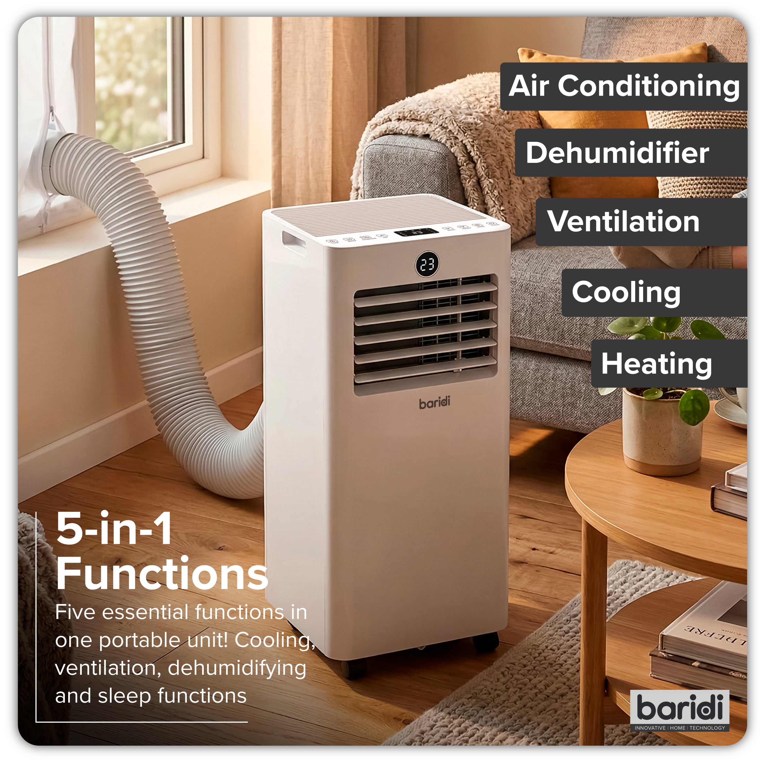 Baridi 5-in-1 Portable Air Conditioning Unit with Window Sealing Kit 9,000Btu/hr, TUYA App & Wi-Fi Control, White - DH414