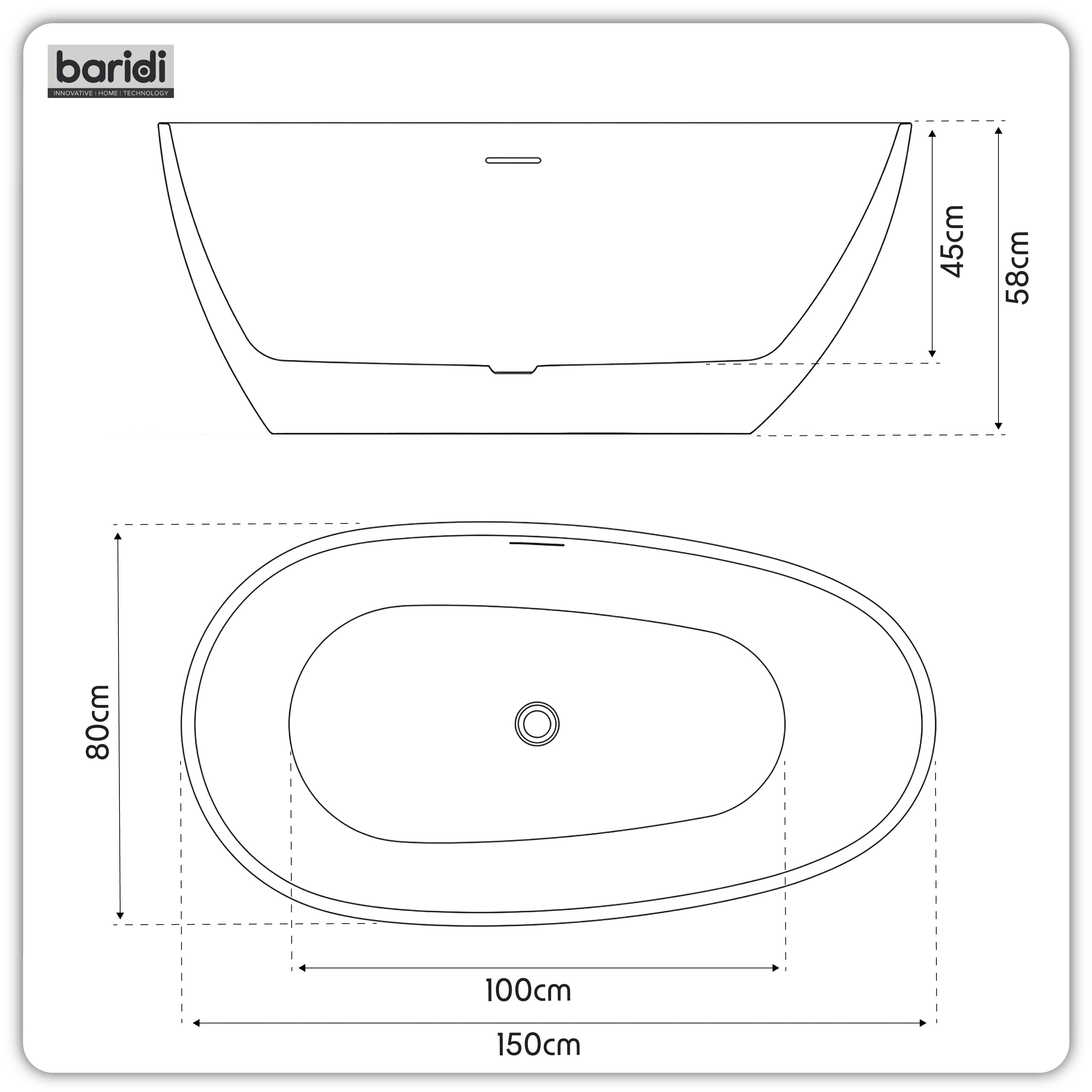 Baridi Double-Ended Slim Rim Bath with Overflow System 150cm, Gloss White - DH416