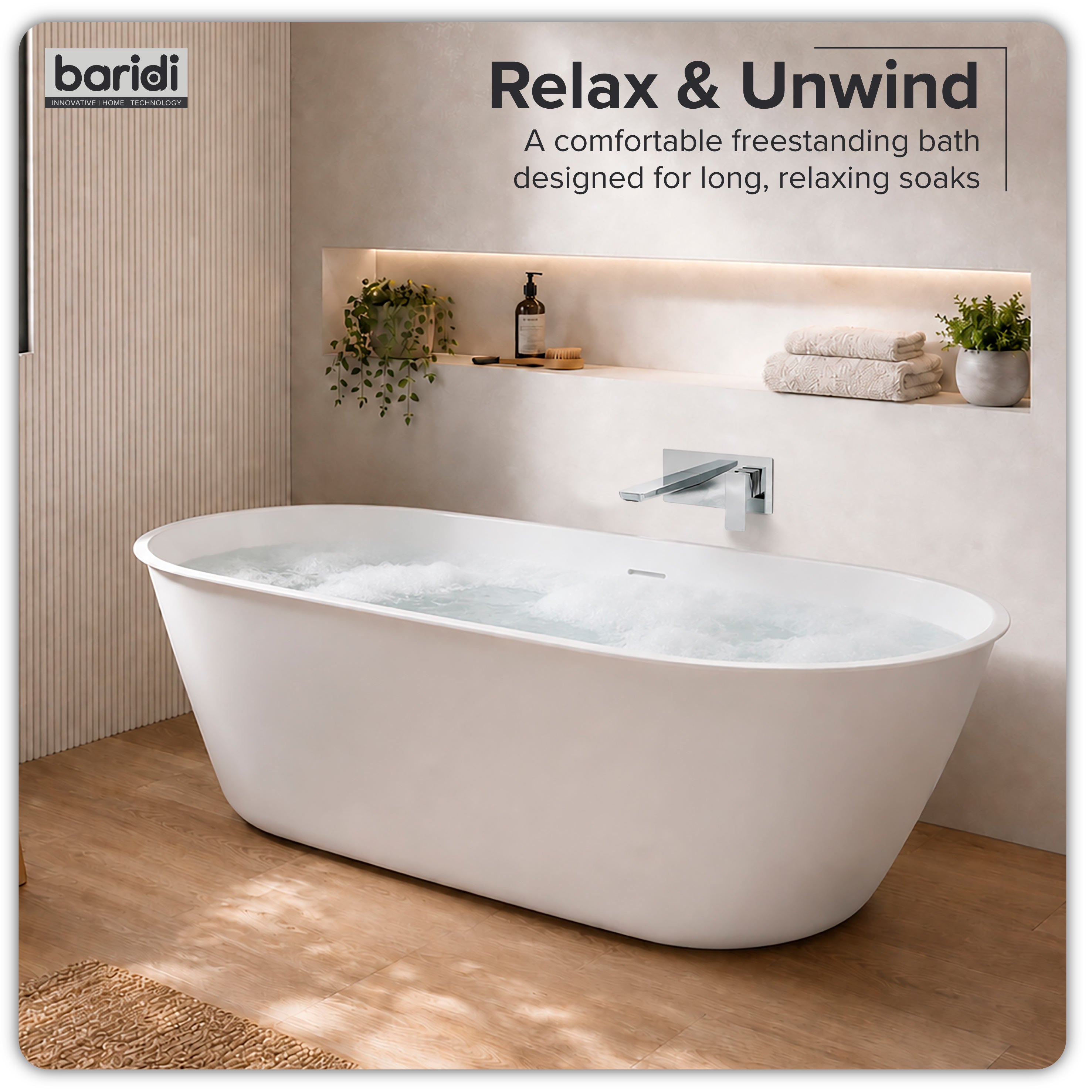 Baridi Double-Ended Slim Rim Bath with Overflow System 150cm, Gloss White - DH416