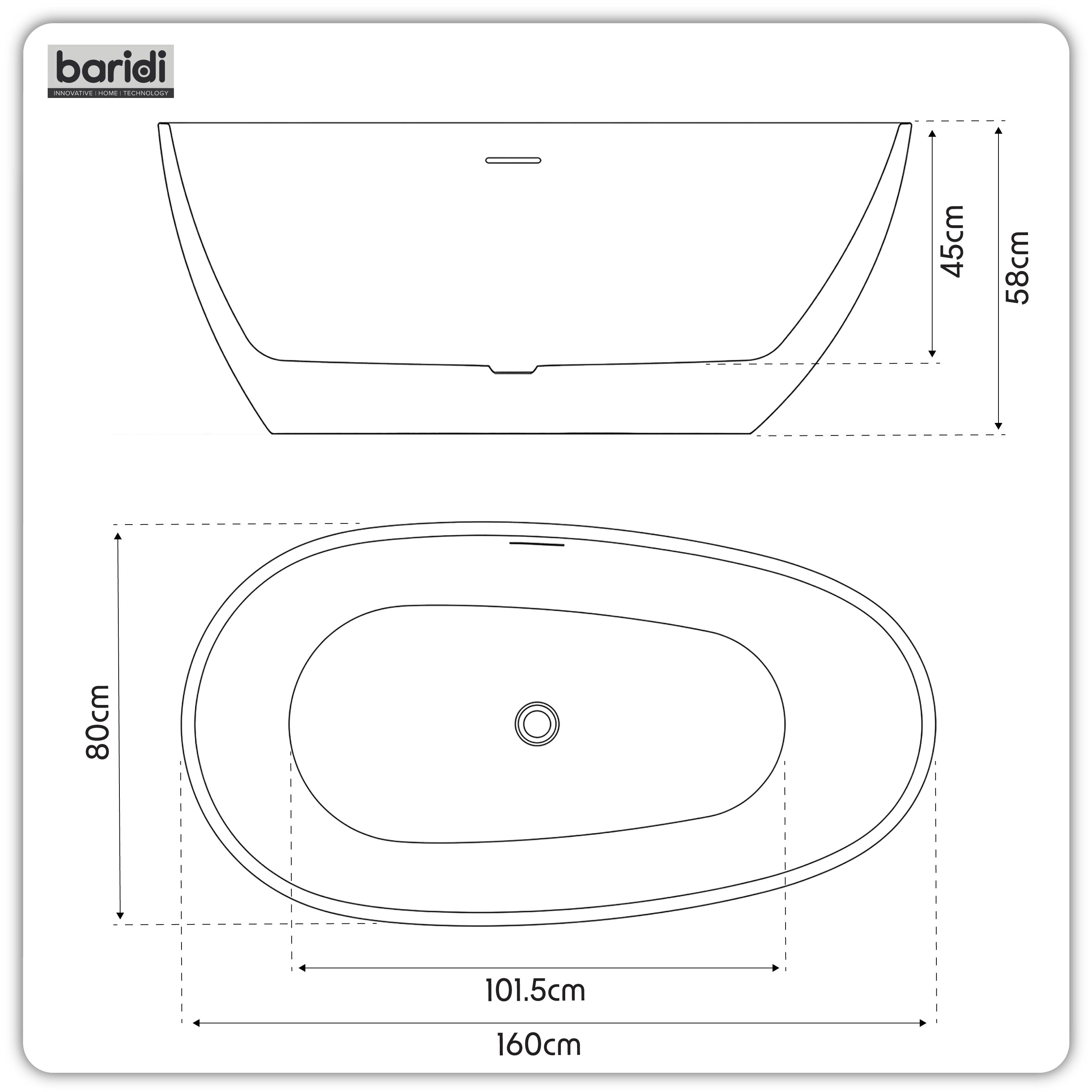 Baridi Double-Ended Slim Rim Bath with Overflow System 160cm, Gloss White - DH417