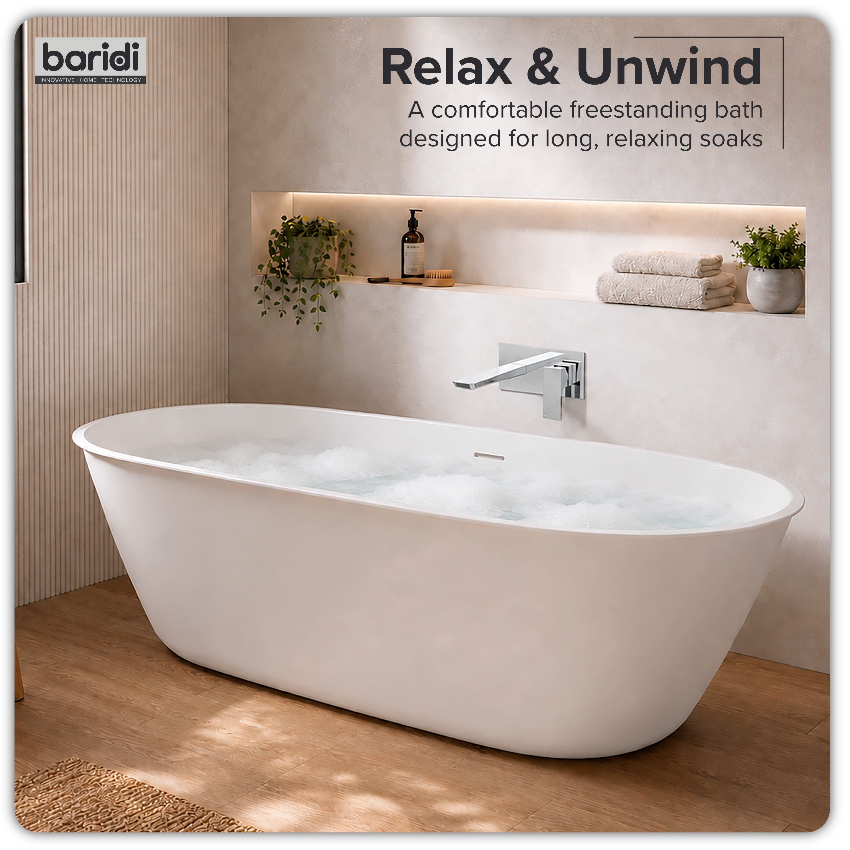 Baridi Double-Ended Slim Rim Bath with Overflow System 160cm, Gloss White - DH417