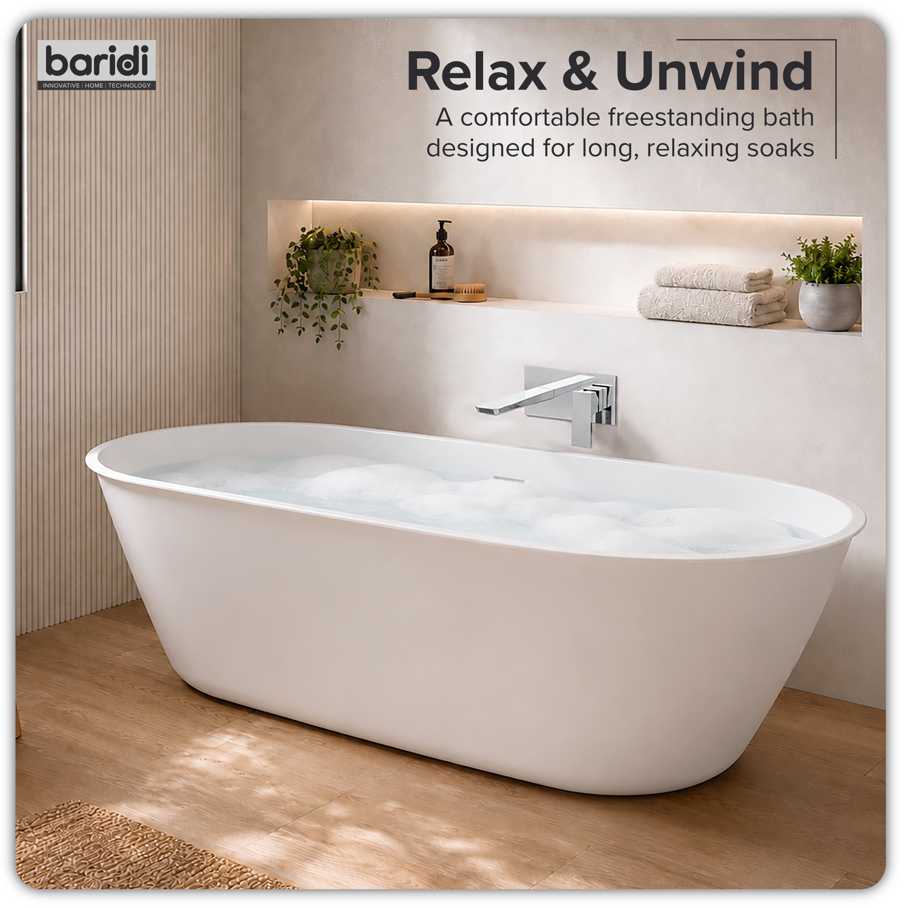 Baridi Double-Ended Slim Rim Bath with Overflow System 170cm, Gloss White - DH418