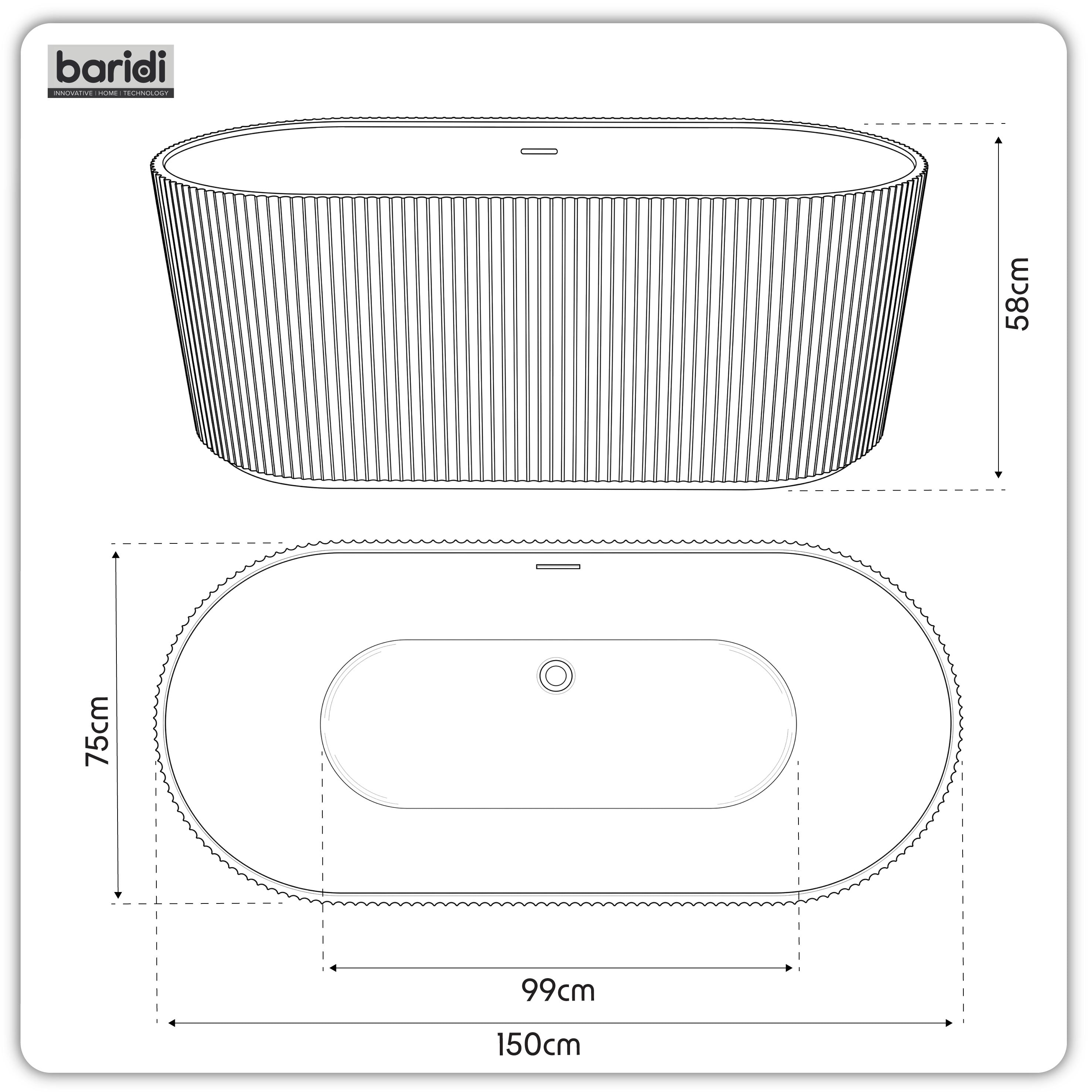 Baridi Double-Ended Fluted Design Bath with Slim Rim 150cm, Gloss White - DH419