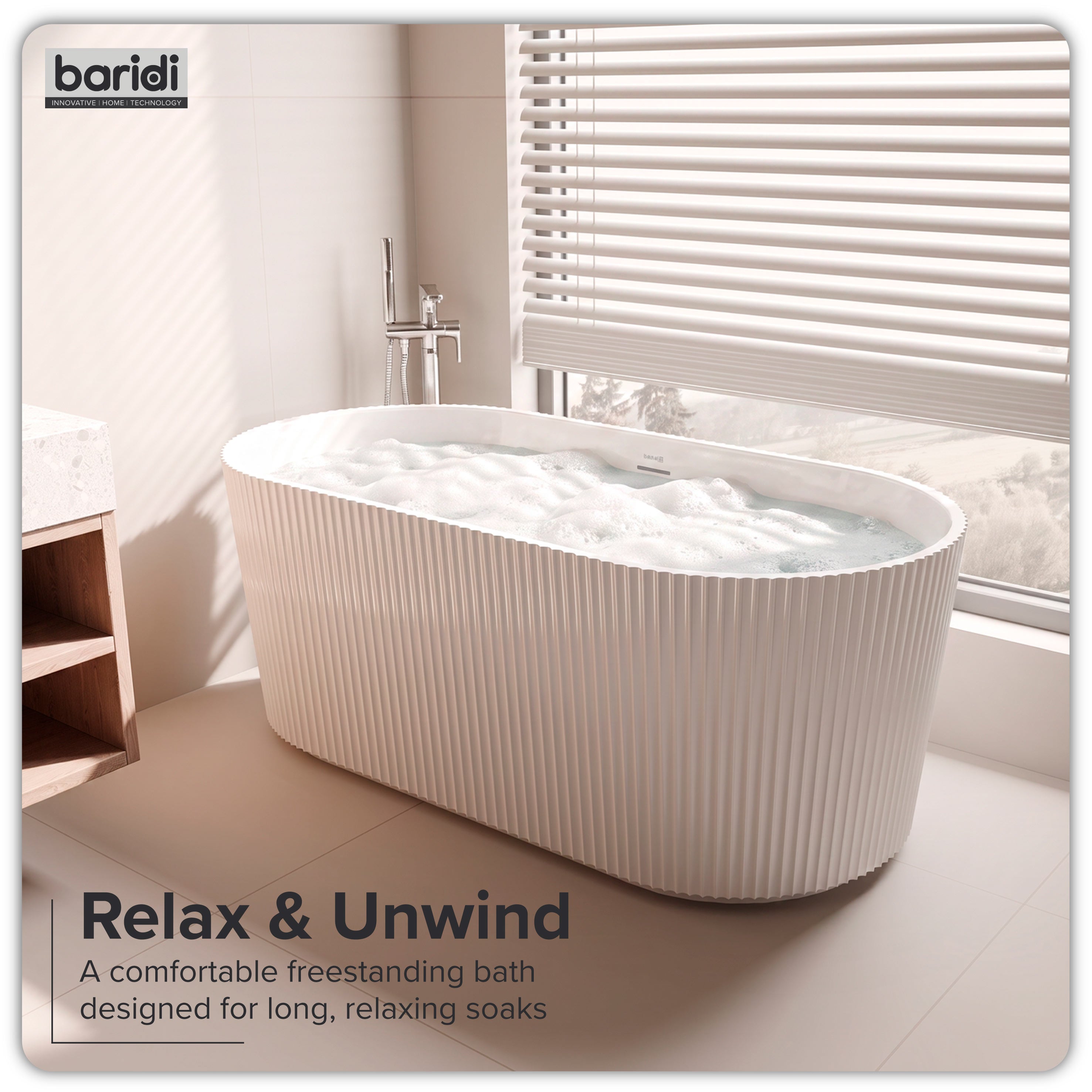 Baridi Double-Ended Fluted Design Bath with Slim Rim 150cm, Gloss White - DH419