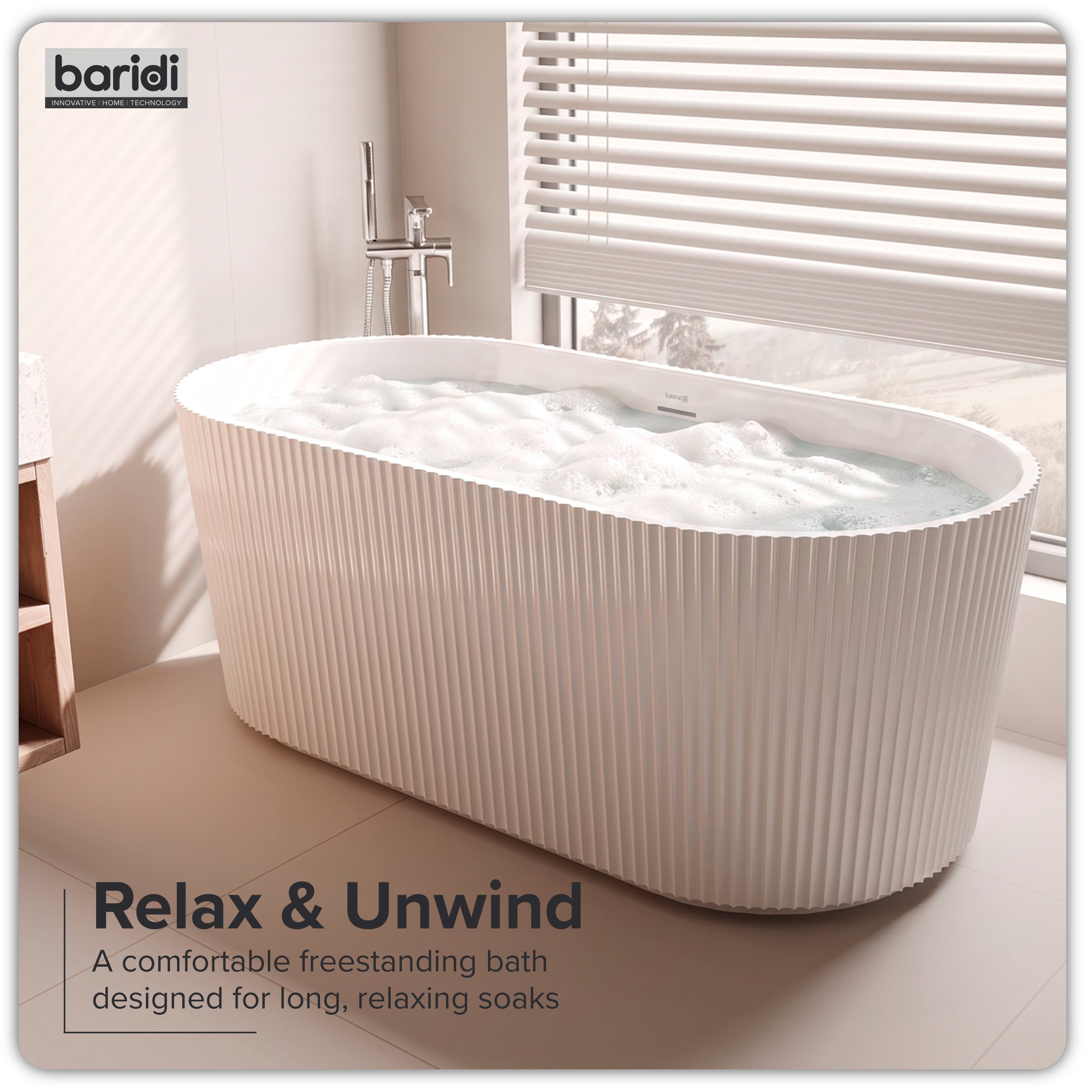 Baridi Double-Ended Fluted Design Bath with Slim Rim 168cm, Gloss White - DH420