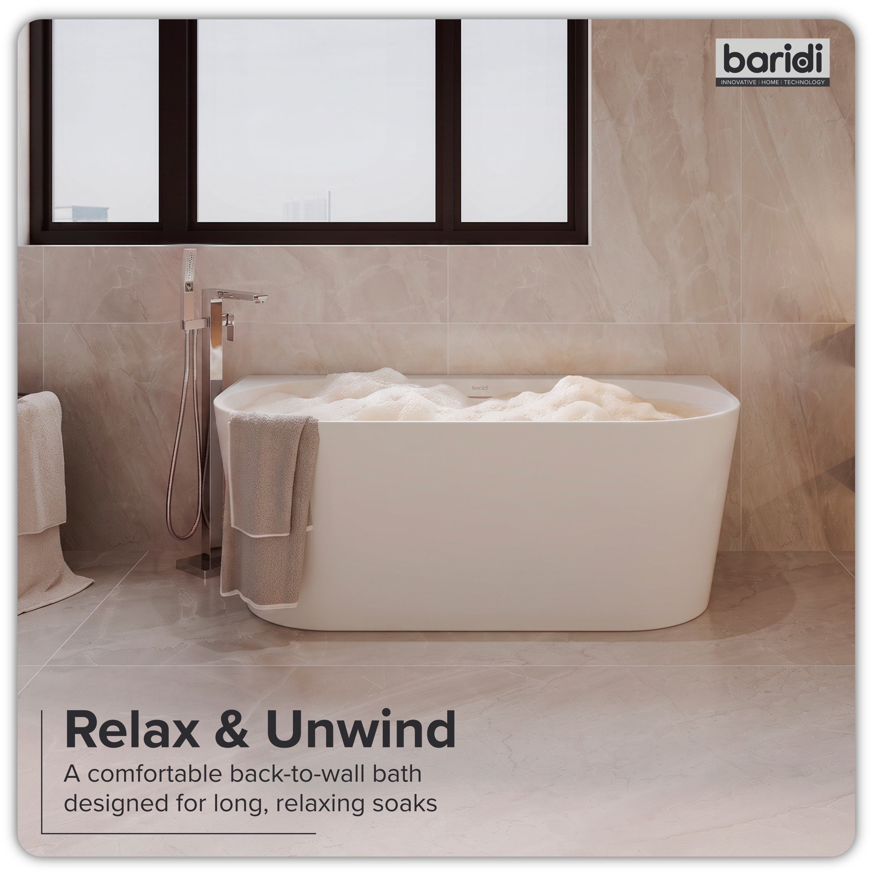 Baridi Back-to-Wall Slim Rim Bath with Overflow System 150cm, Gloss White - DH421