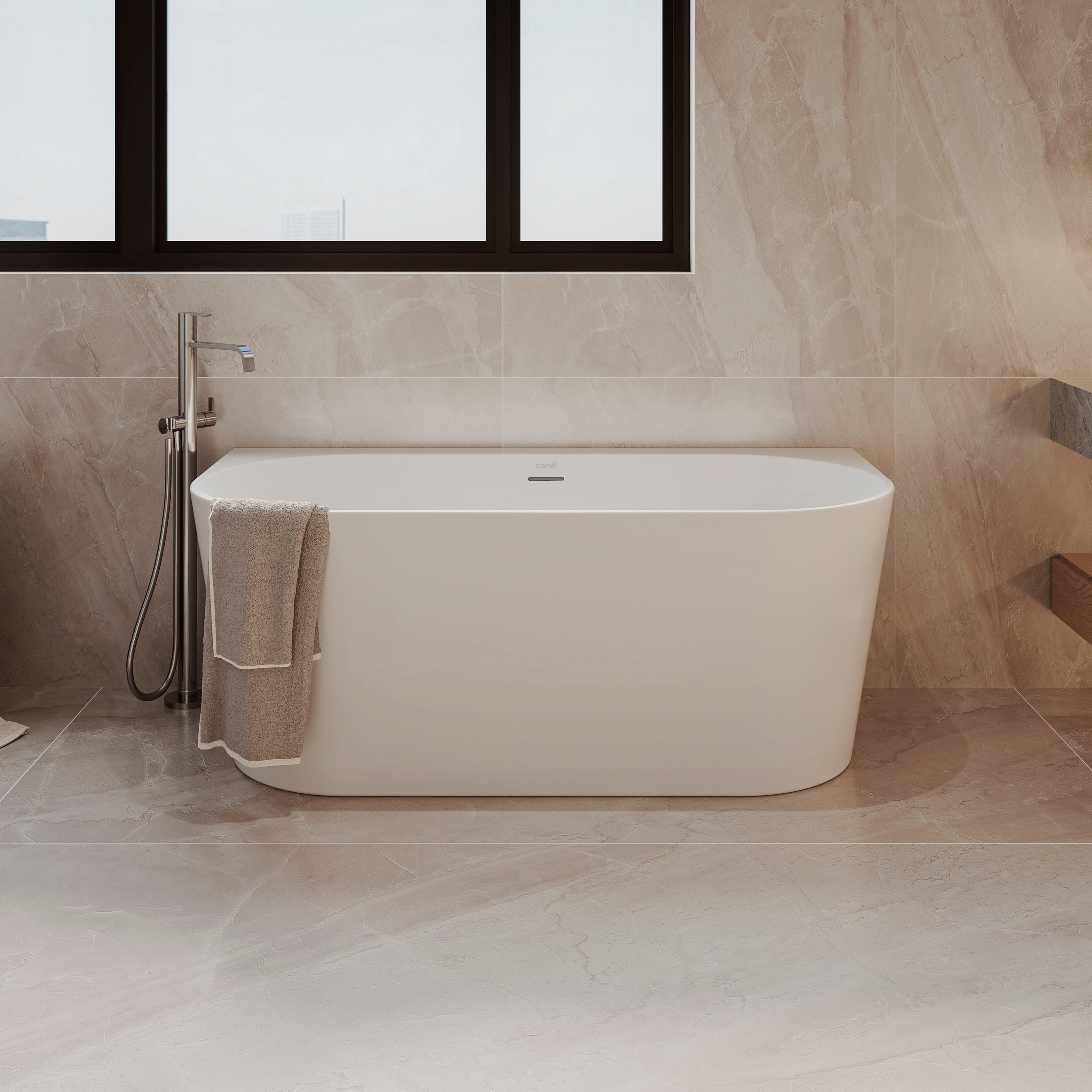 Baridi Back-to-Wall Slim Rim Bath with Overflow System 150cm, Gloss White - DH421