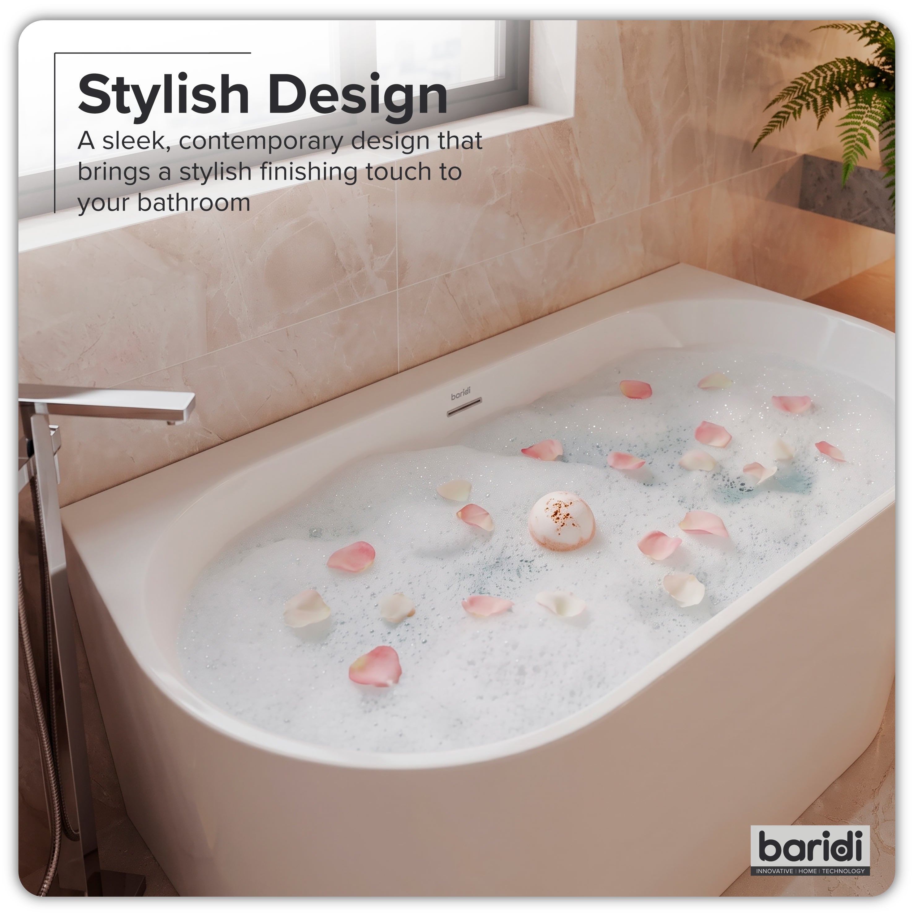 Baridi Back-to-Wall Slim Rim Bath with Overflow System 150cm, Gloss White - DH421
