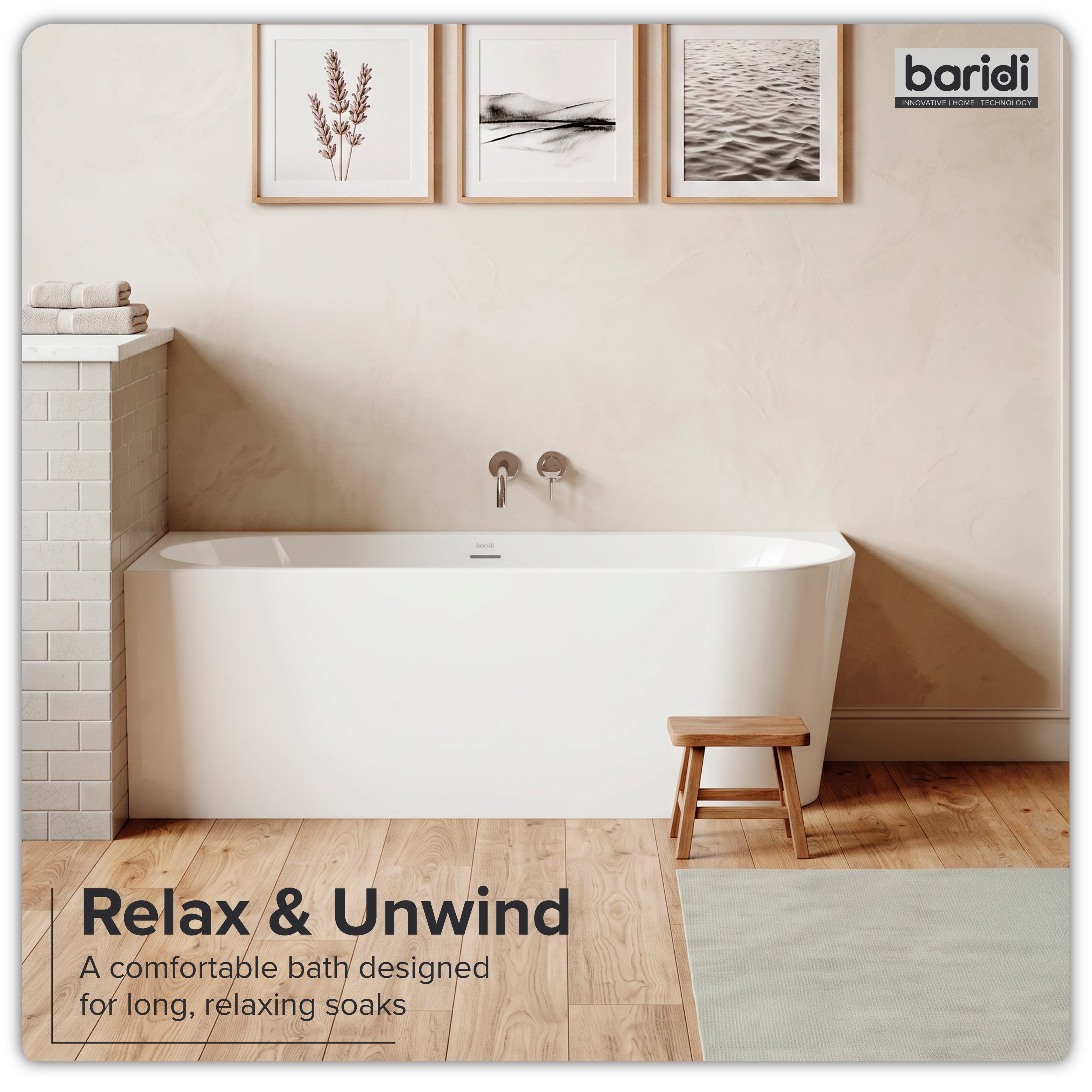 Baridi Left-Hand Corner Slim Rim Bath with Overflow System 150cm, Gloss White - DH423