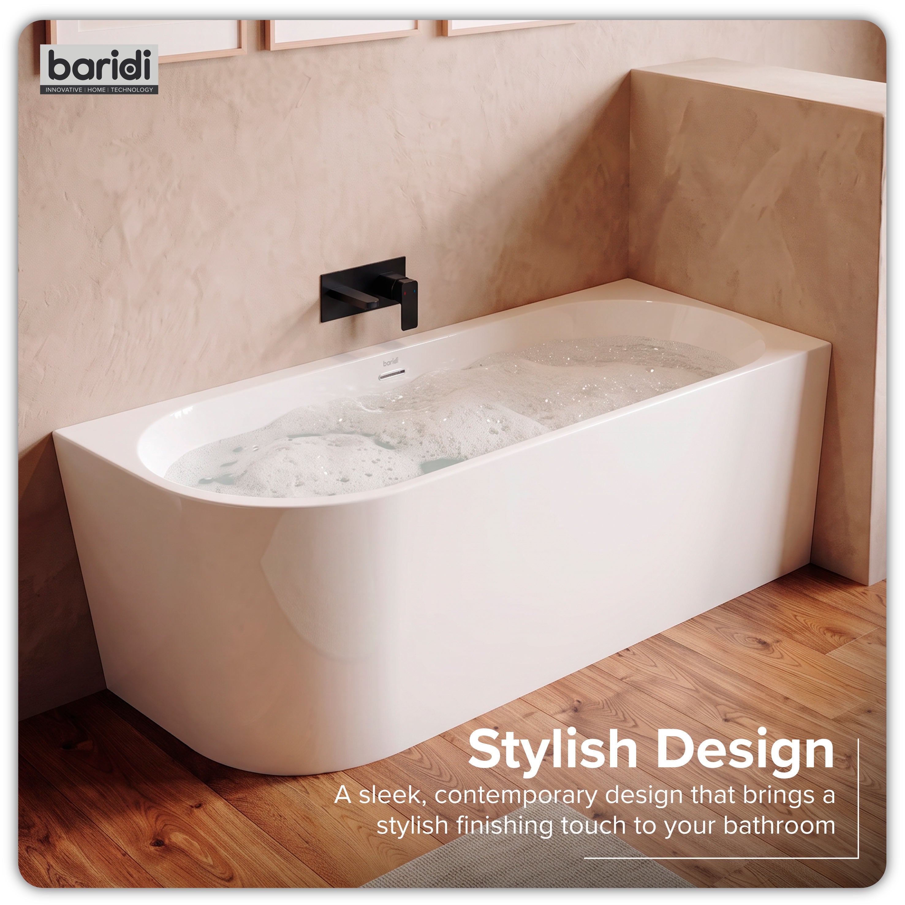 Baridi Right-Hand Corner Slim Rim Bath with Overflow System 160cm, Gloss White - DH427