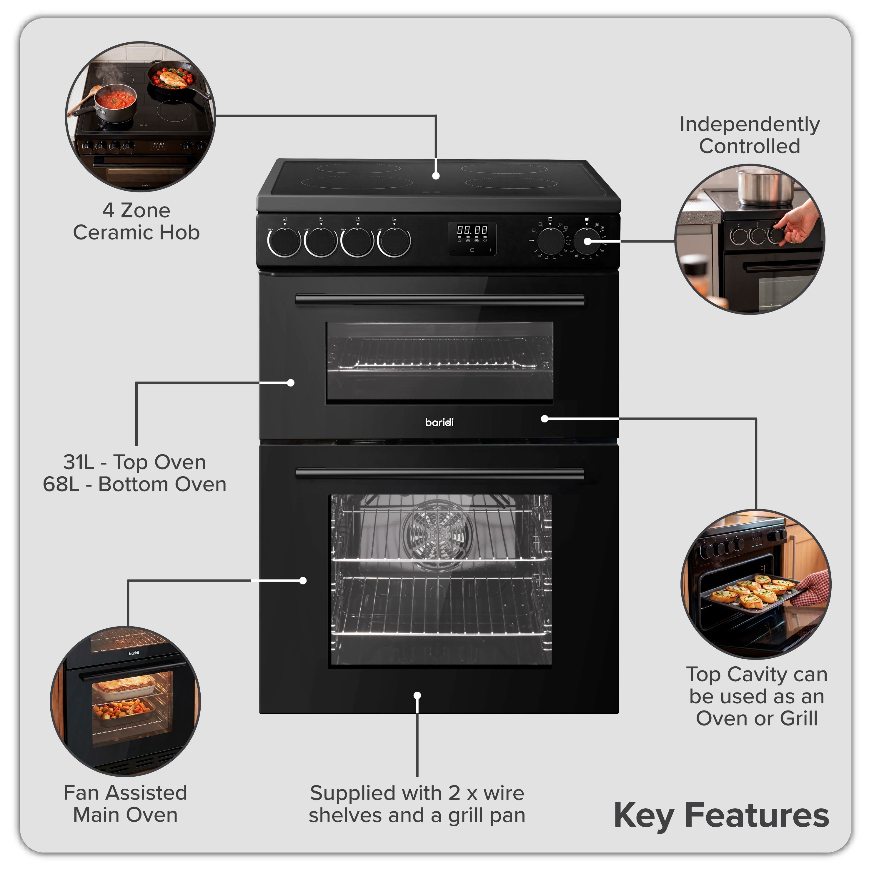 Baridi Freestanding Electric Cooker 60cm with 99L Double Cavity & 4 Zone Ceramic Hob, Black - DH429