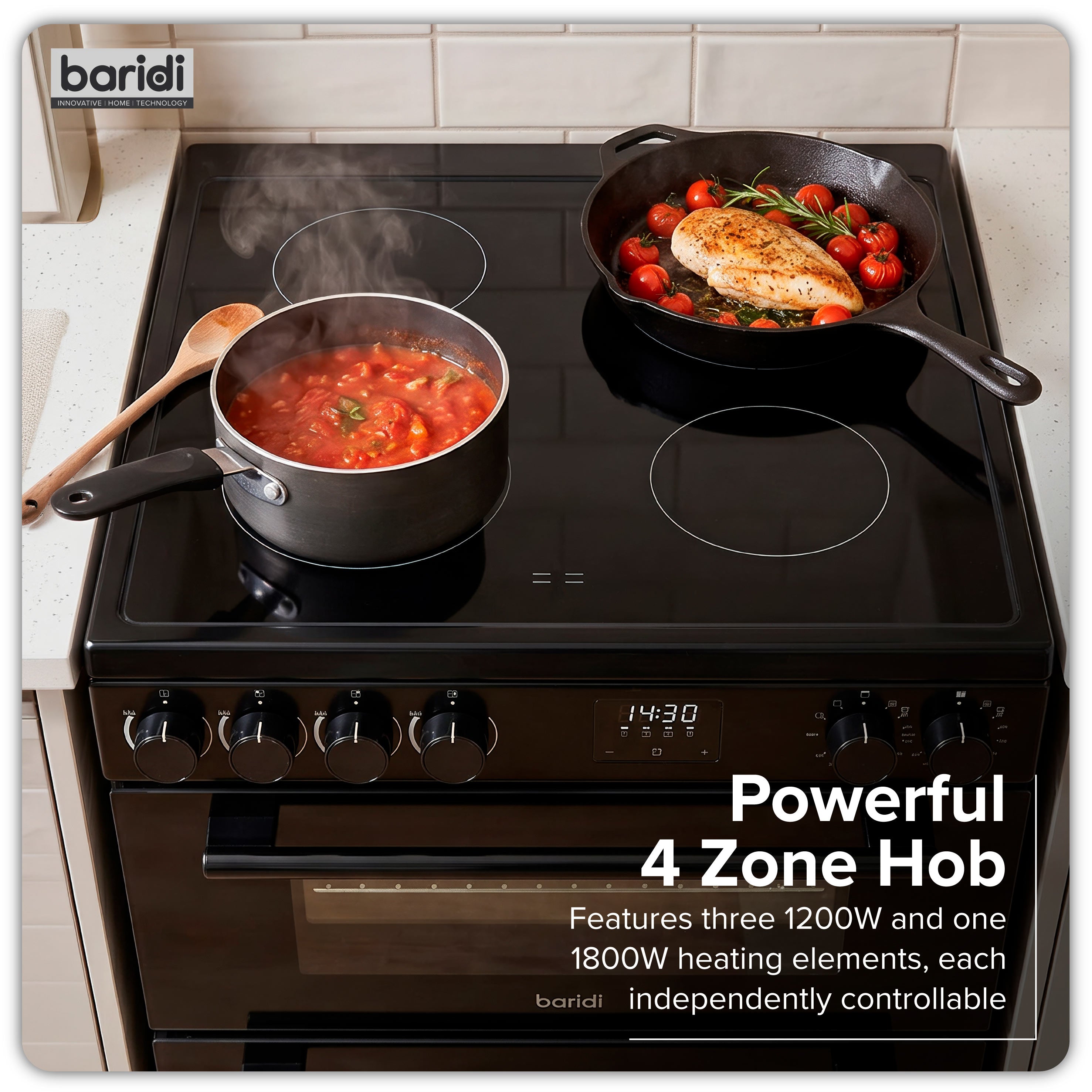 Baridi Freestanding Electric Cooker 60cm with 99L Double Cavity & 4 Zone Ceramic Hob, Black - DH429