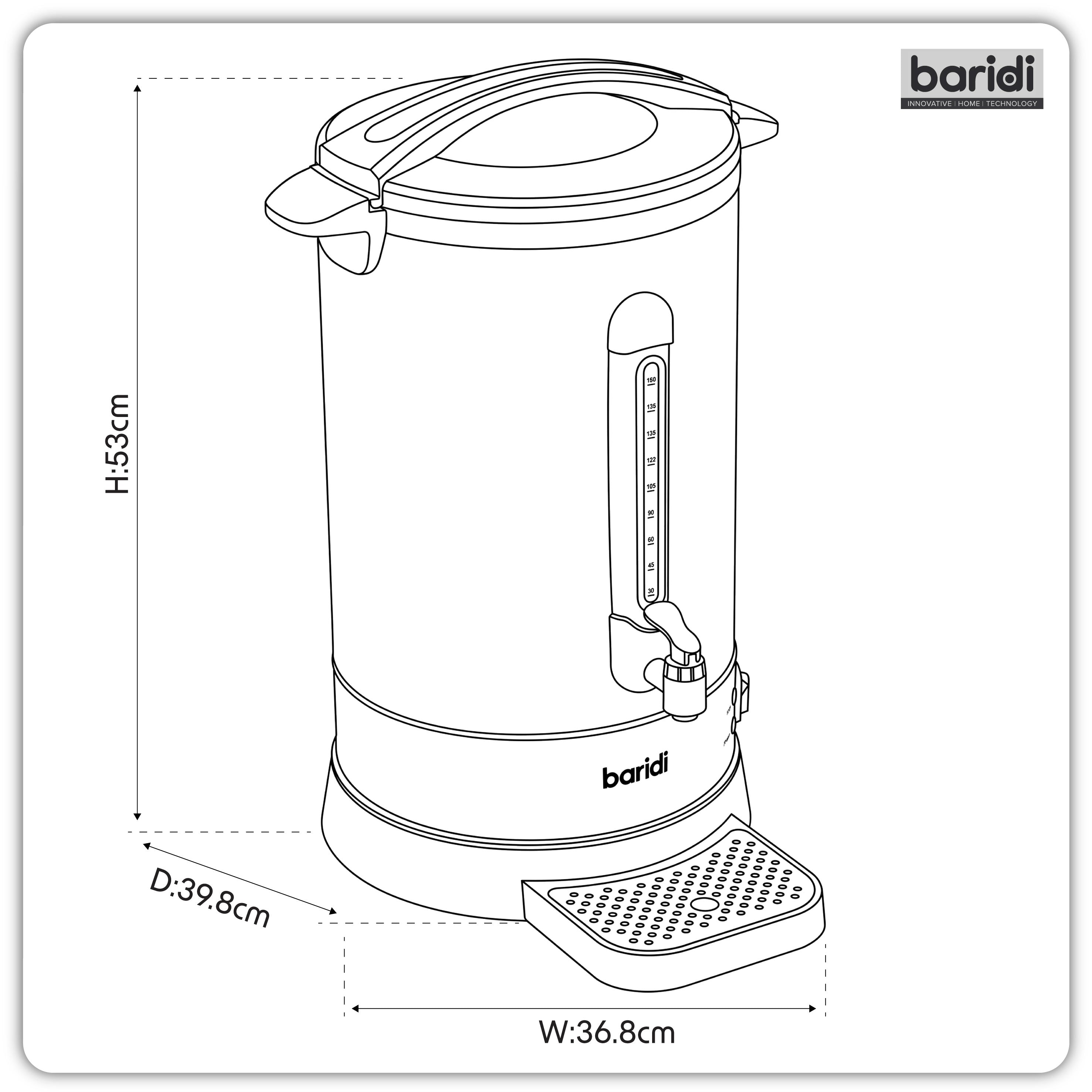 Baridi 20L Hot Water Boiler/Tea Urn with Drip Tray, Keep Warm Function and Water Gauge, Black - DH431