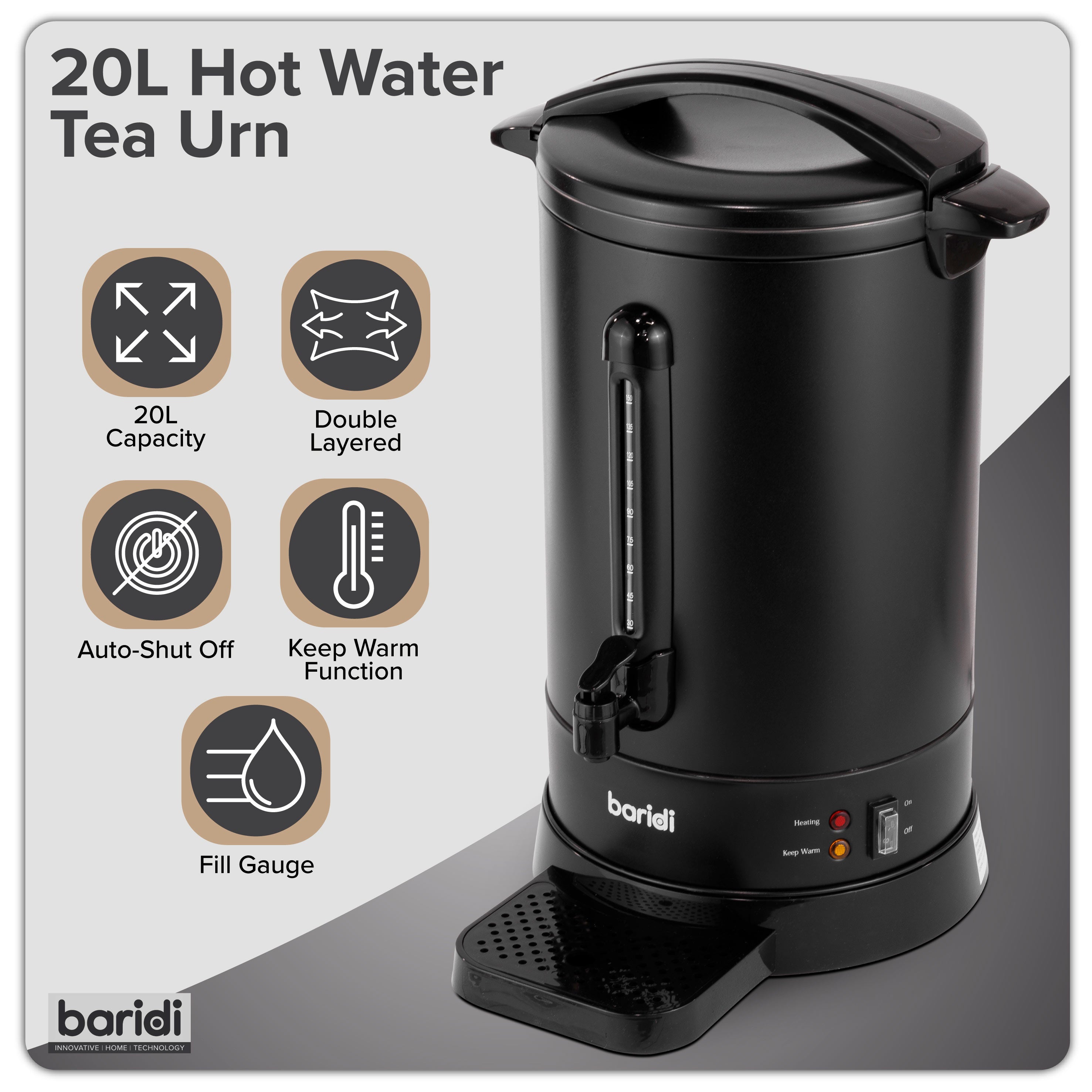 Baridi 20L Hot Water Boiler/Tea Urn with Drip Tray, Keep Warm Function and Water Gauge, Black - DH431