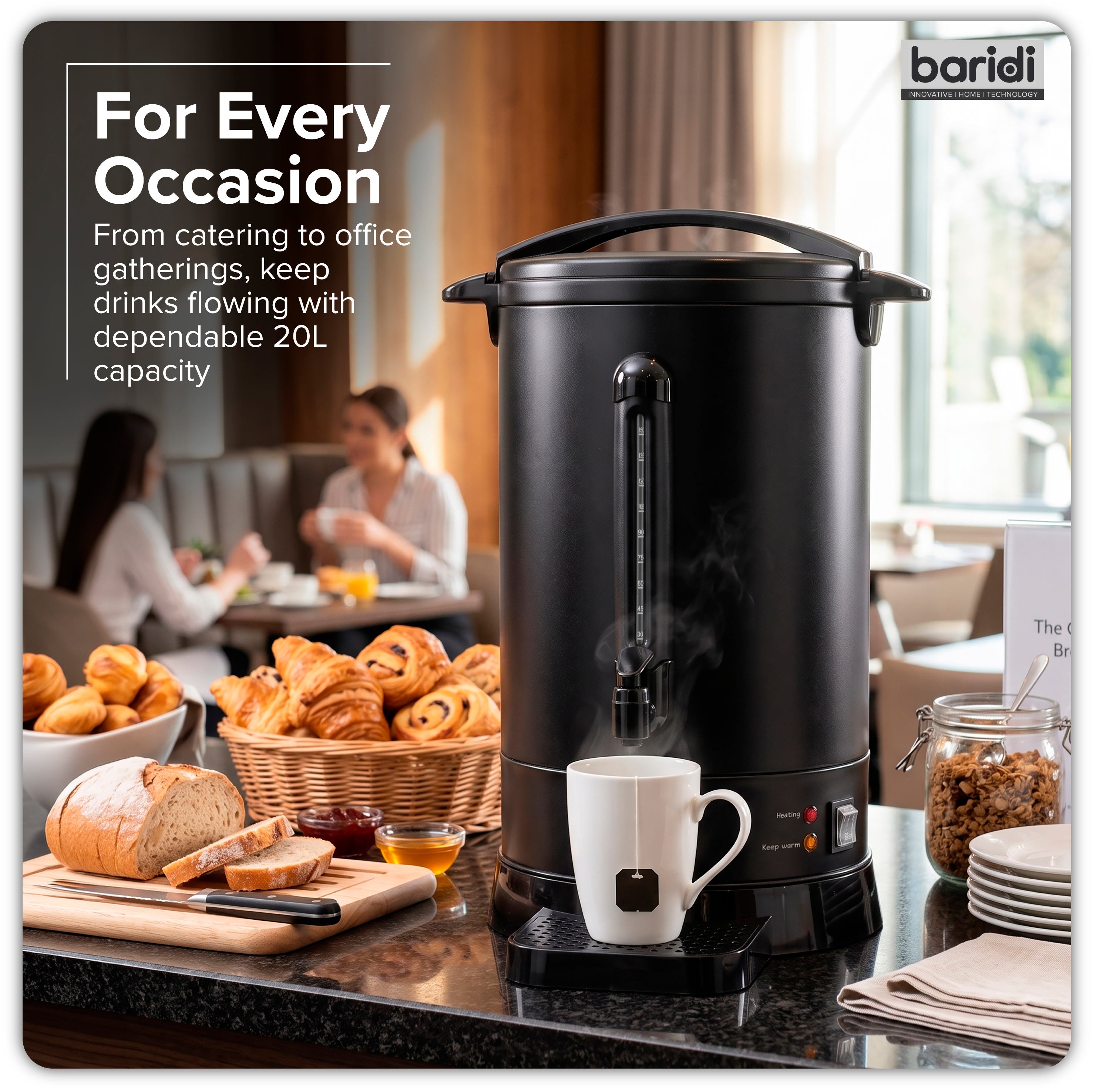 Baridi 20L Hot Water Boiler/Tea Urn with Drip Tray, Keep Warm Function and Water Gauge, Black - DH431
