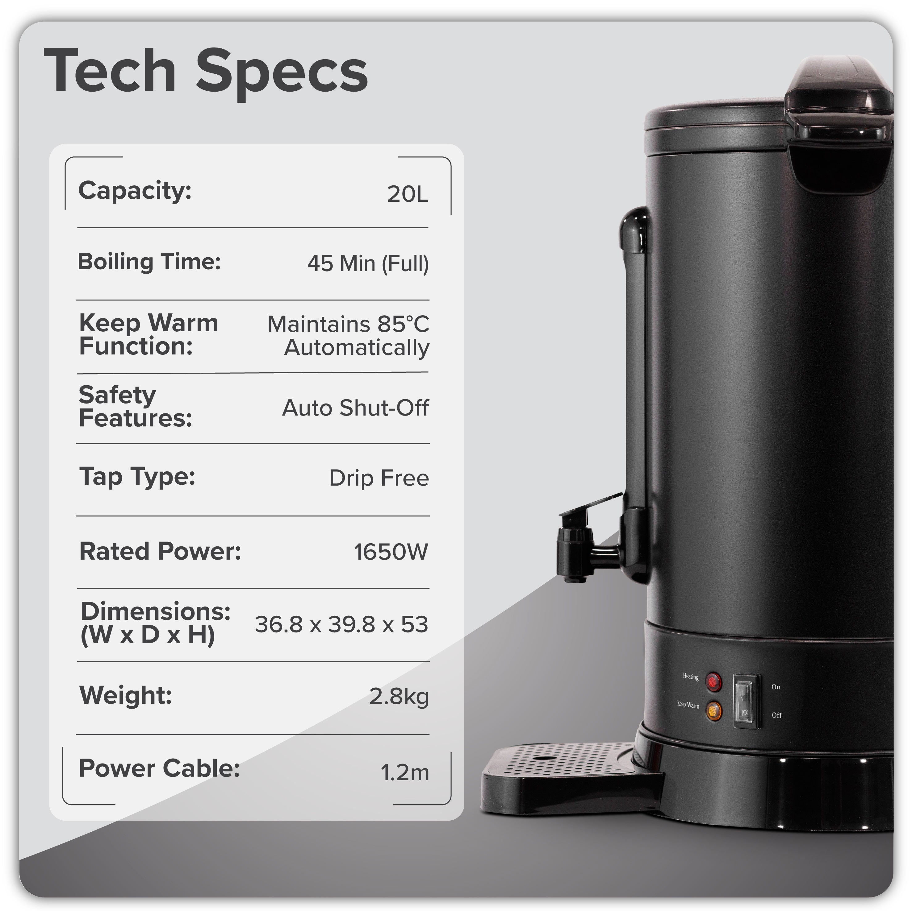 Baridi 20L Hot Water Boiler/Tea Urn with Drip Tray, Keep Warm Function and Water Gauge, Black - DH431