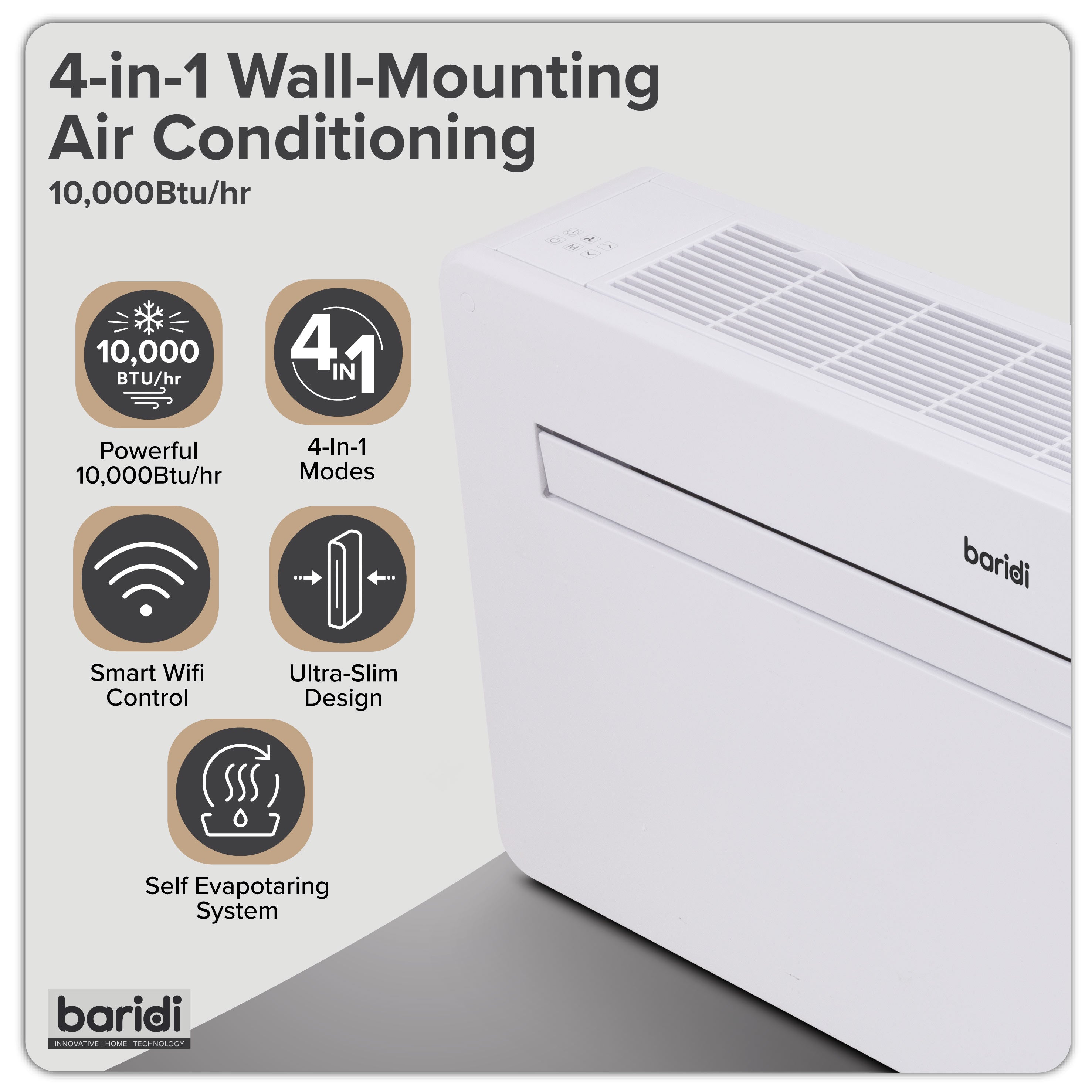 Baridi 4-in-1 Smart Monobloc Wall-Mounting Air Conditioning Unit 10,000Btu/hr, White - DH432