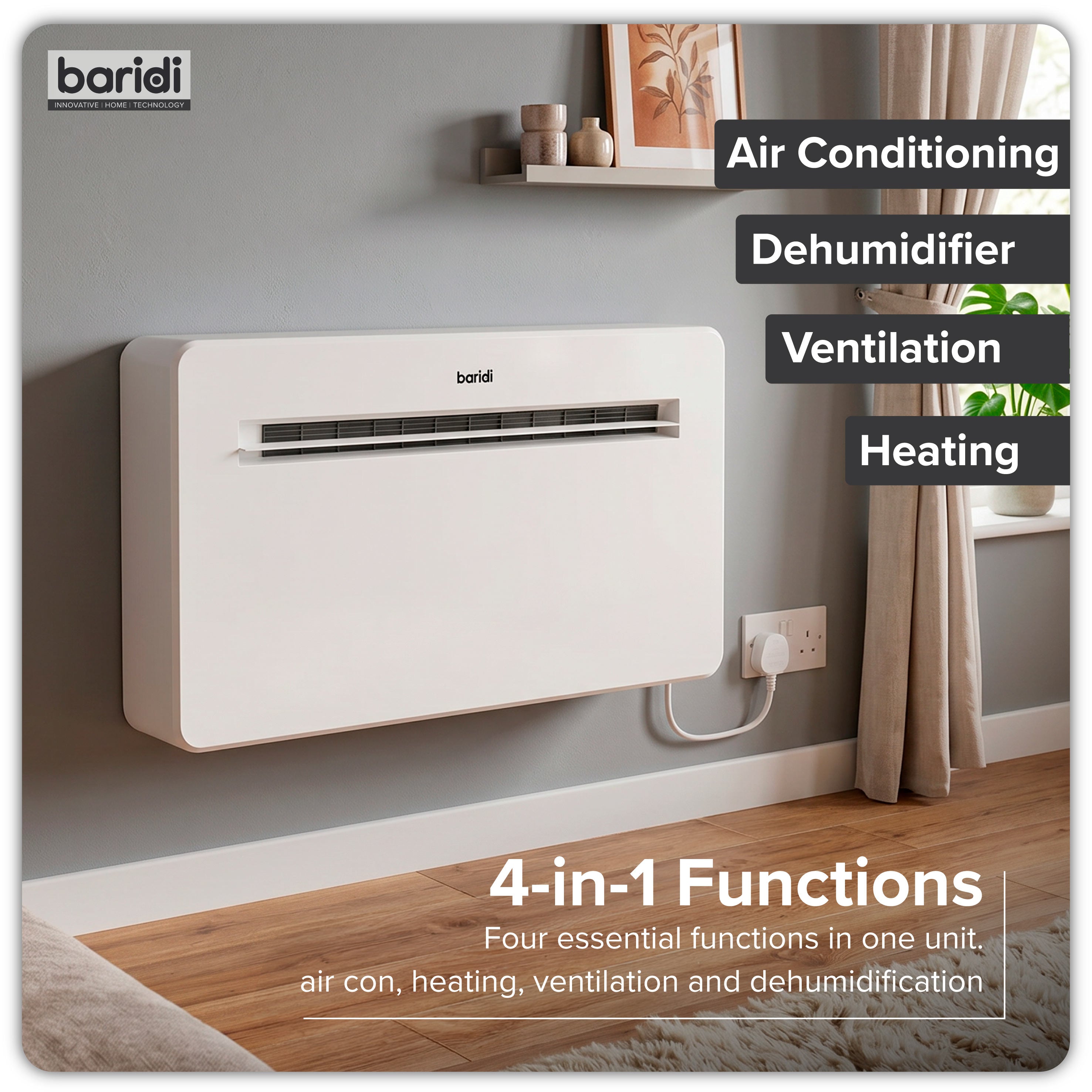 Baridi 4-in-1 Smart Monobloc Wall-Mounting Air Conditioning Unit 10,000Btu/hr, White - DH432