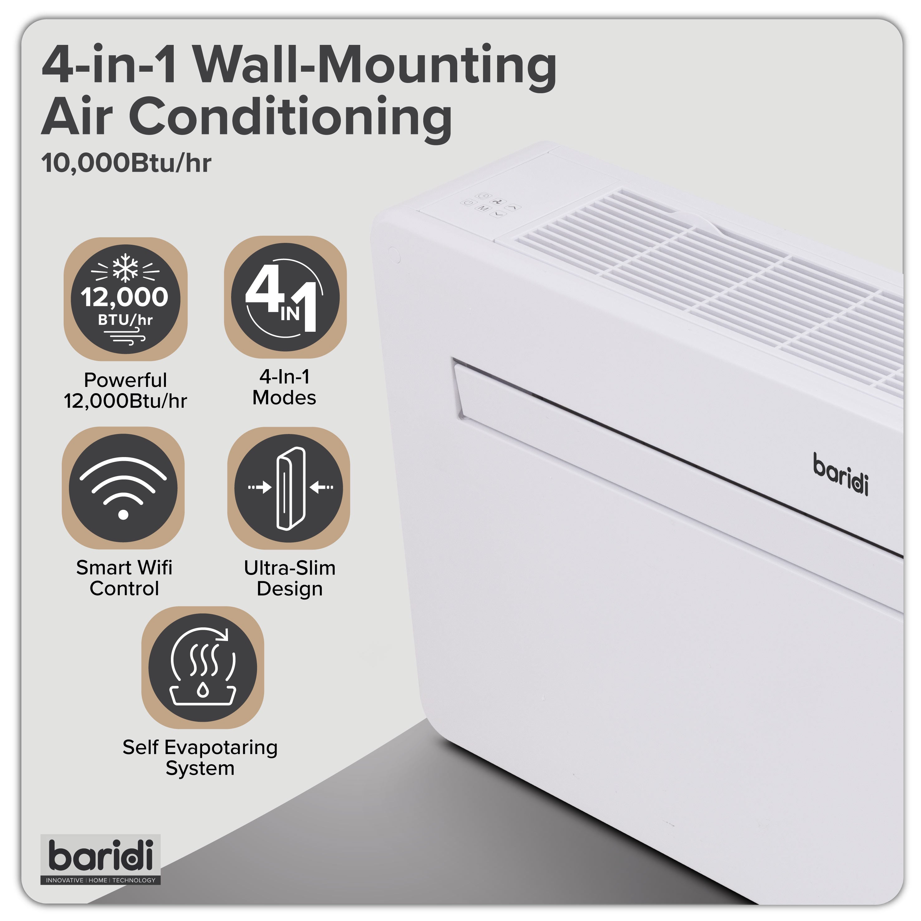 Baridi 4-in-1 Smart Monobloc Wall-Mounting Air Conditioning Unit 12,000Btu/hr, White - DH433