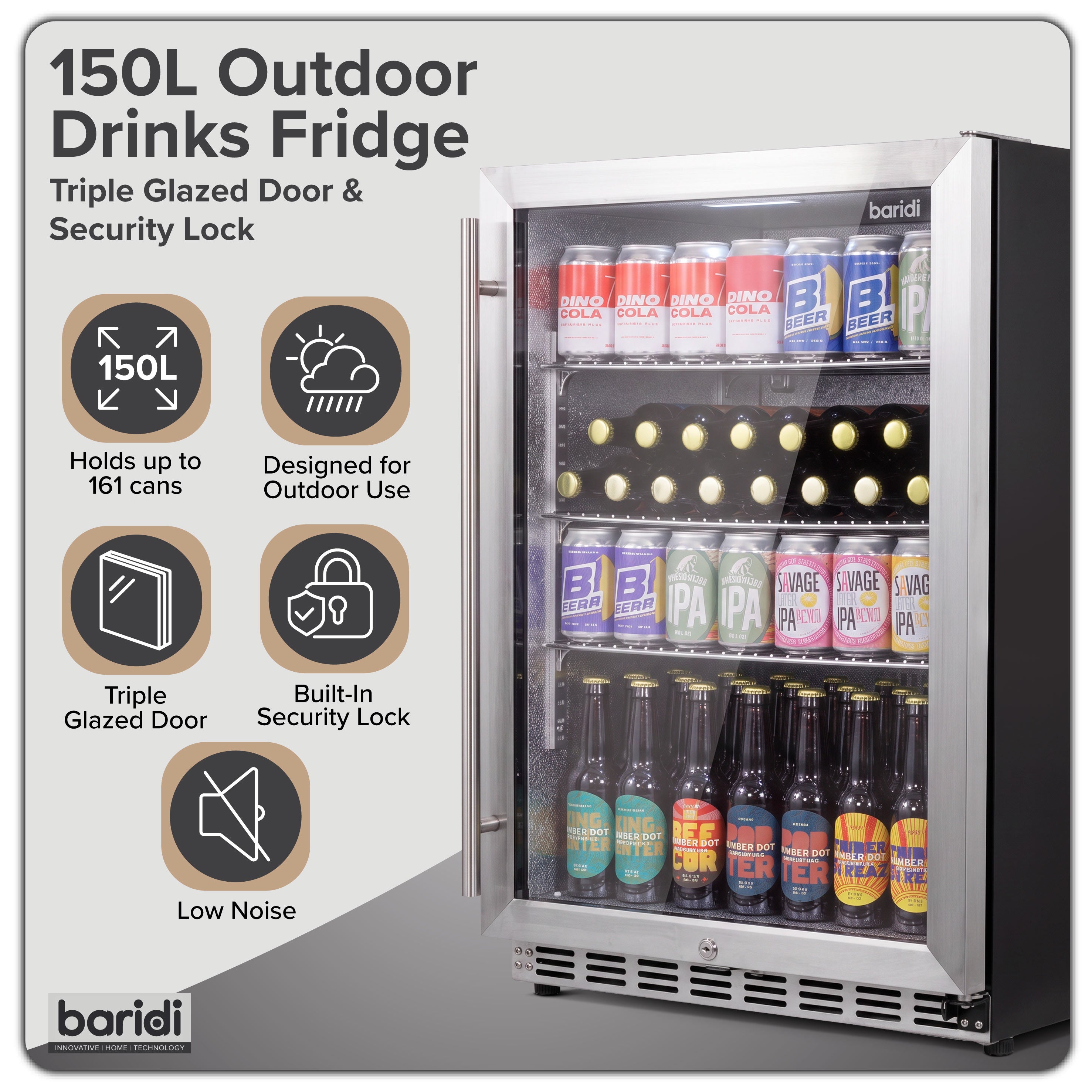Baridi Outdoor Drinks/Beverage/Bar Fridge, with Triple Glazed Door & Security Lock 150L, Stainless Steel - DH439