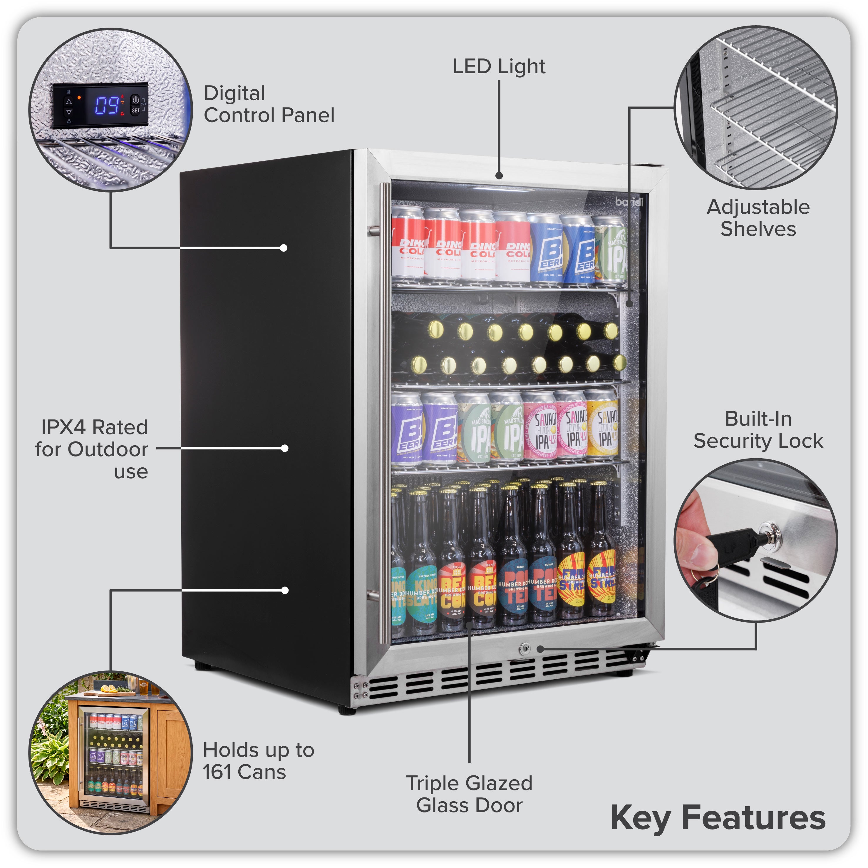 Baridi Outdoor Drinks/Beverage/Bar Fridge, with Triple Glazed Door & Security Lock 150L, Stainless Steel - DH439