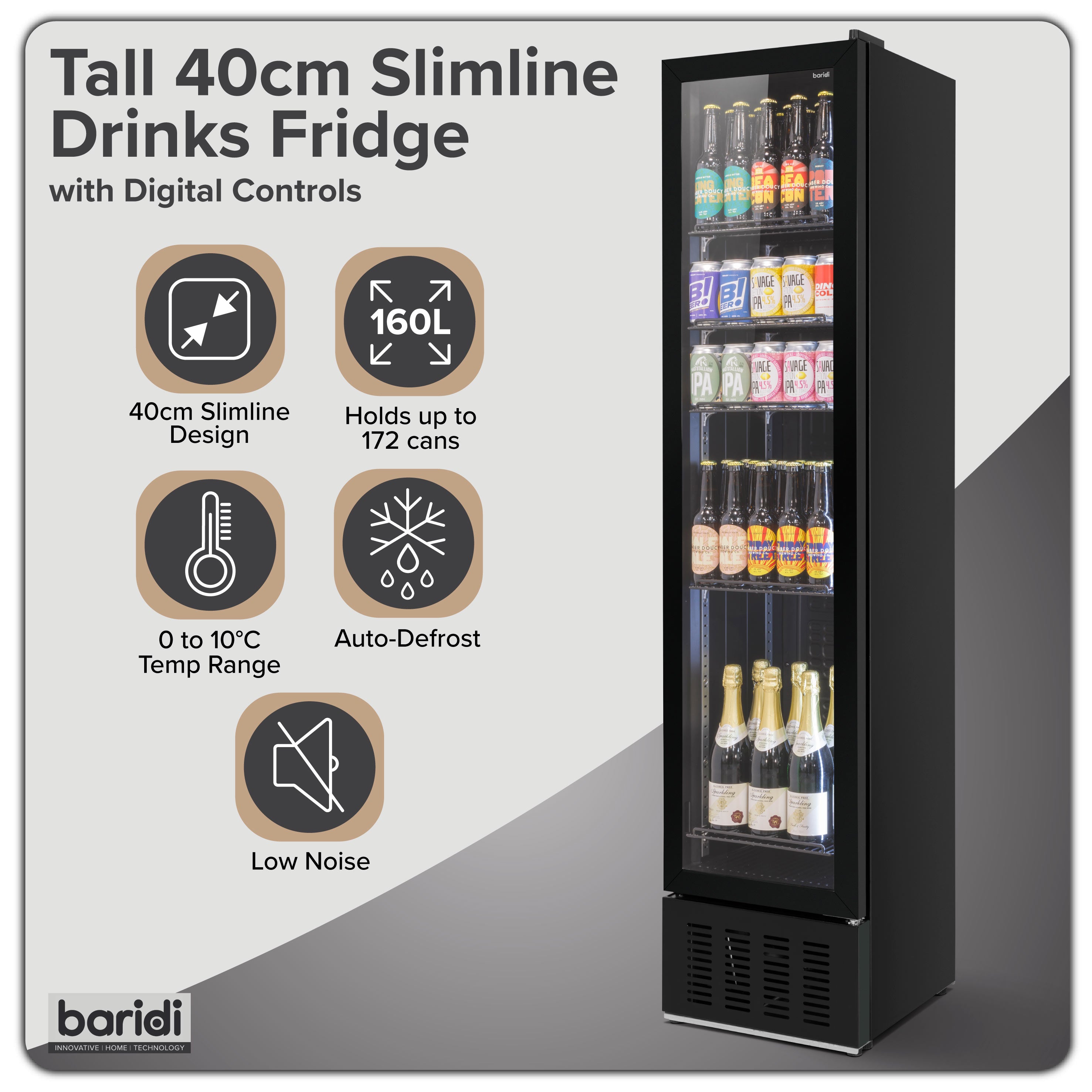 Baridi Tall Drinks/Bar Fridge with Digital Controls & Auto Defrost 160L, Black - DH440