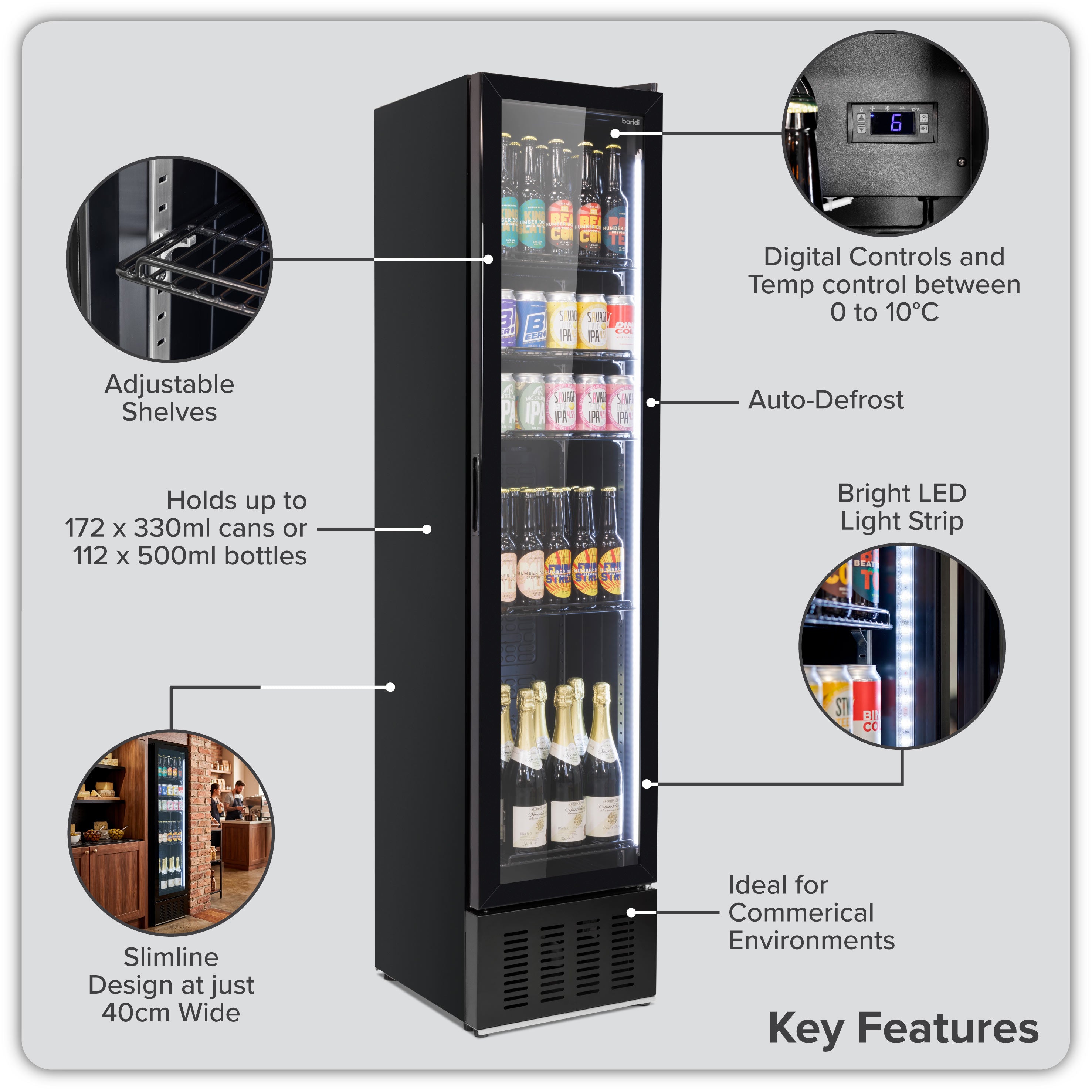 Baridi Tall Drinks/Bar Fridge with Digital Controls & Auto Defrost 160L, Black - DH440