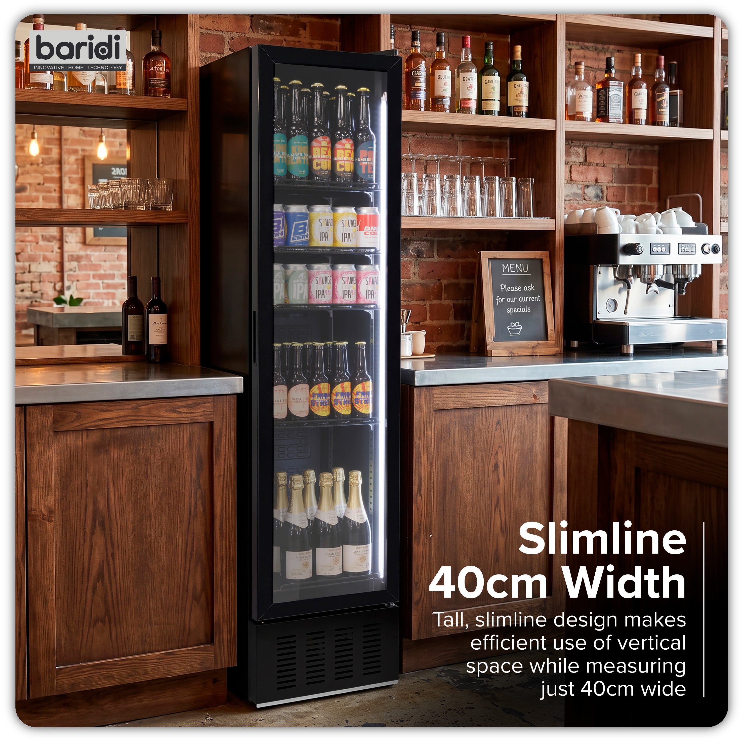 Baridi Tall Drinks/Bar Fridge with Digital Controls & Auto Defrost 160L, Black - DH440