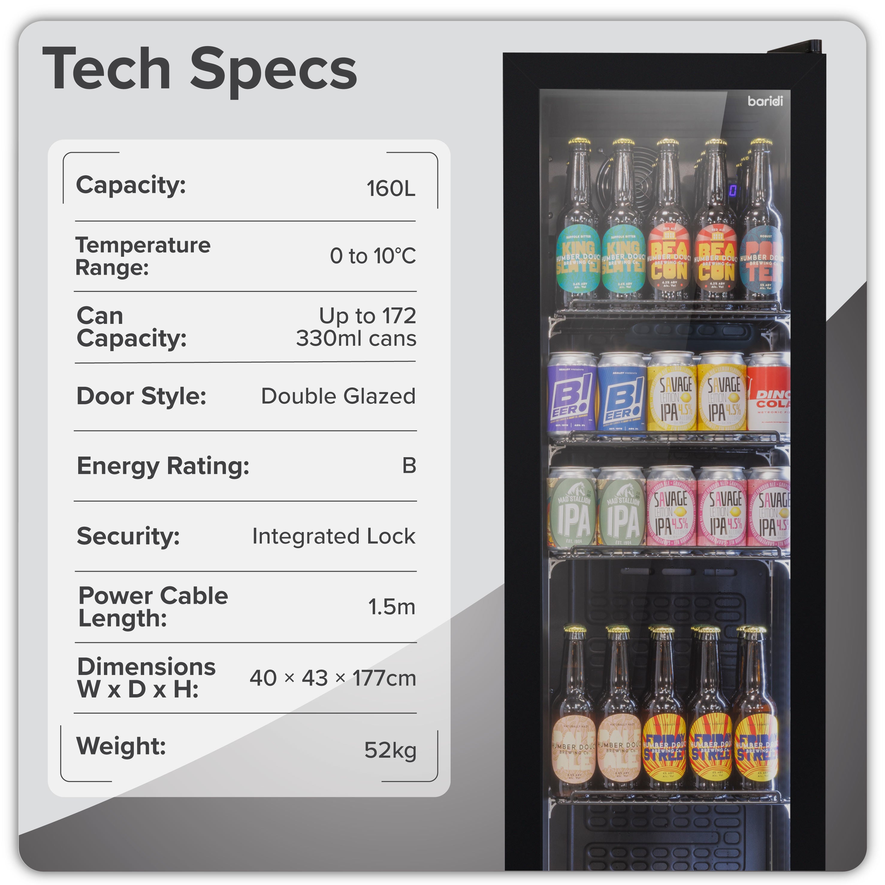 Baridi Tall Drinks/Bar Fridge with Digital Controls & Auto Defrost 160L, Black - DH440